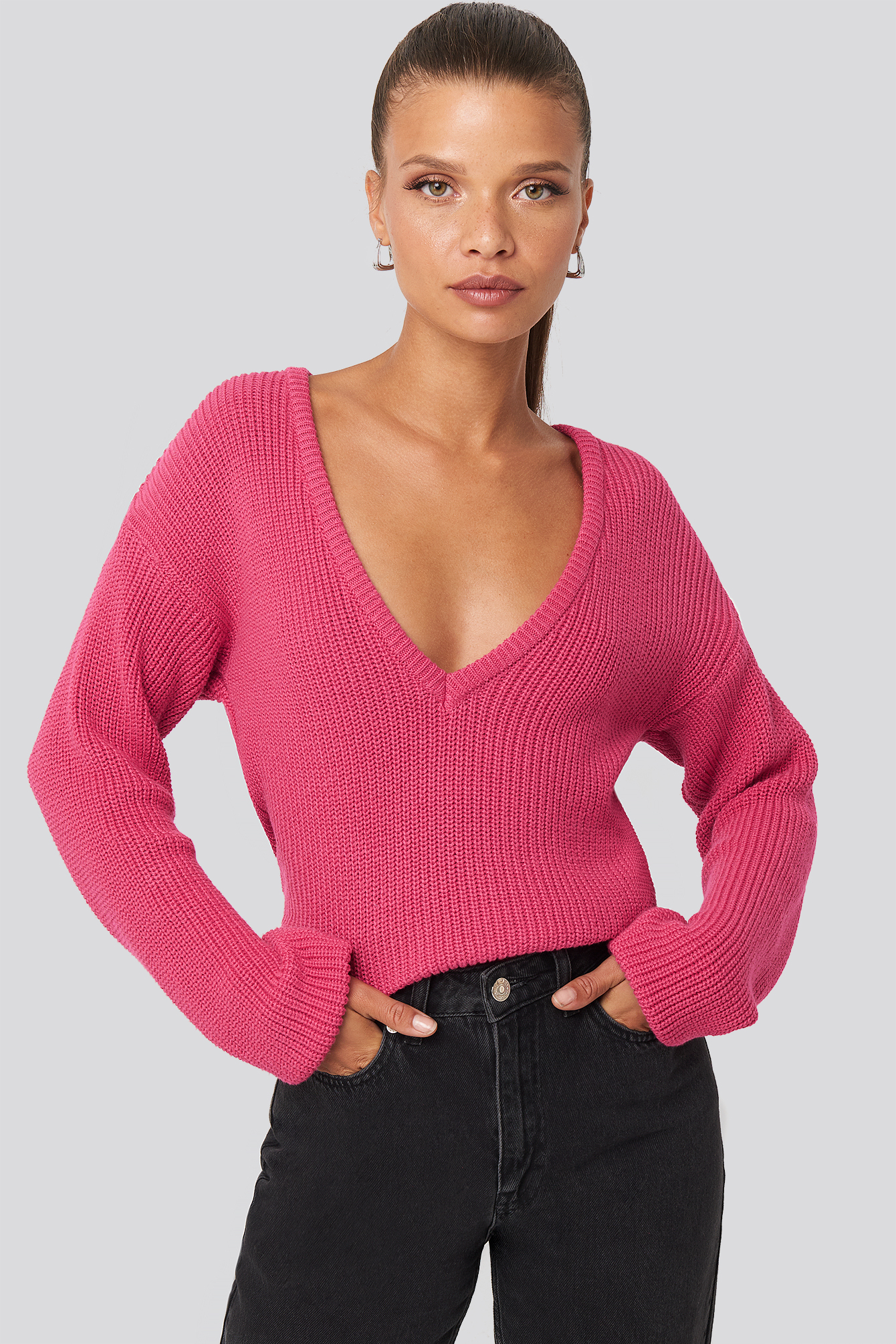Deep Front V-neck Knitted Sweater Fuchsia