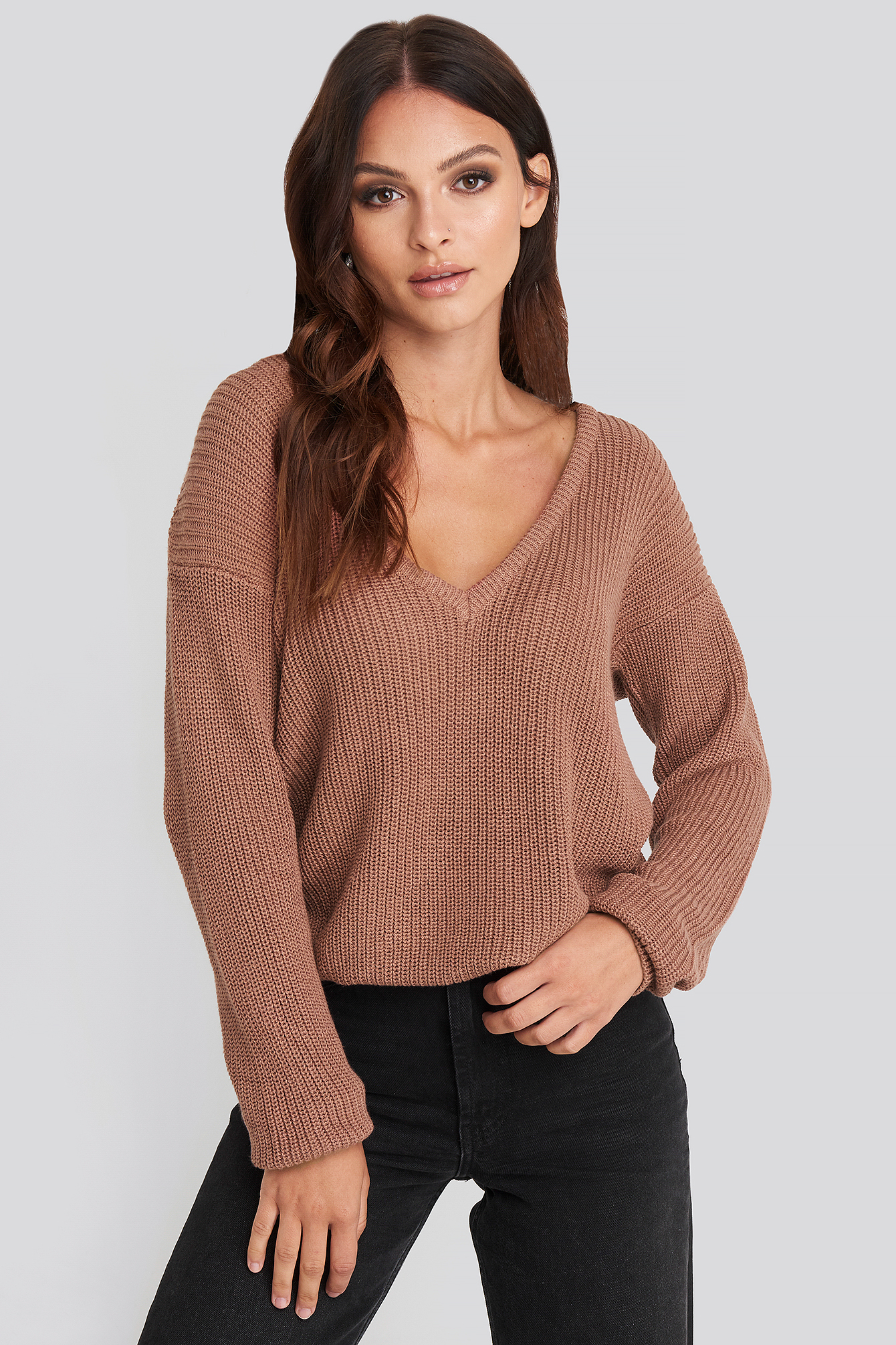 Deep Front V-neck Knitted Sweater Dusty Dark Pink
