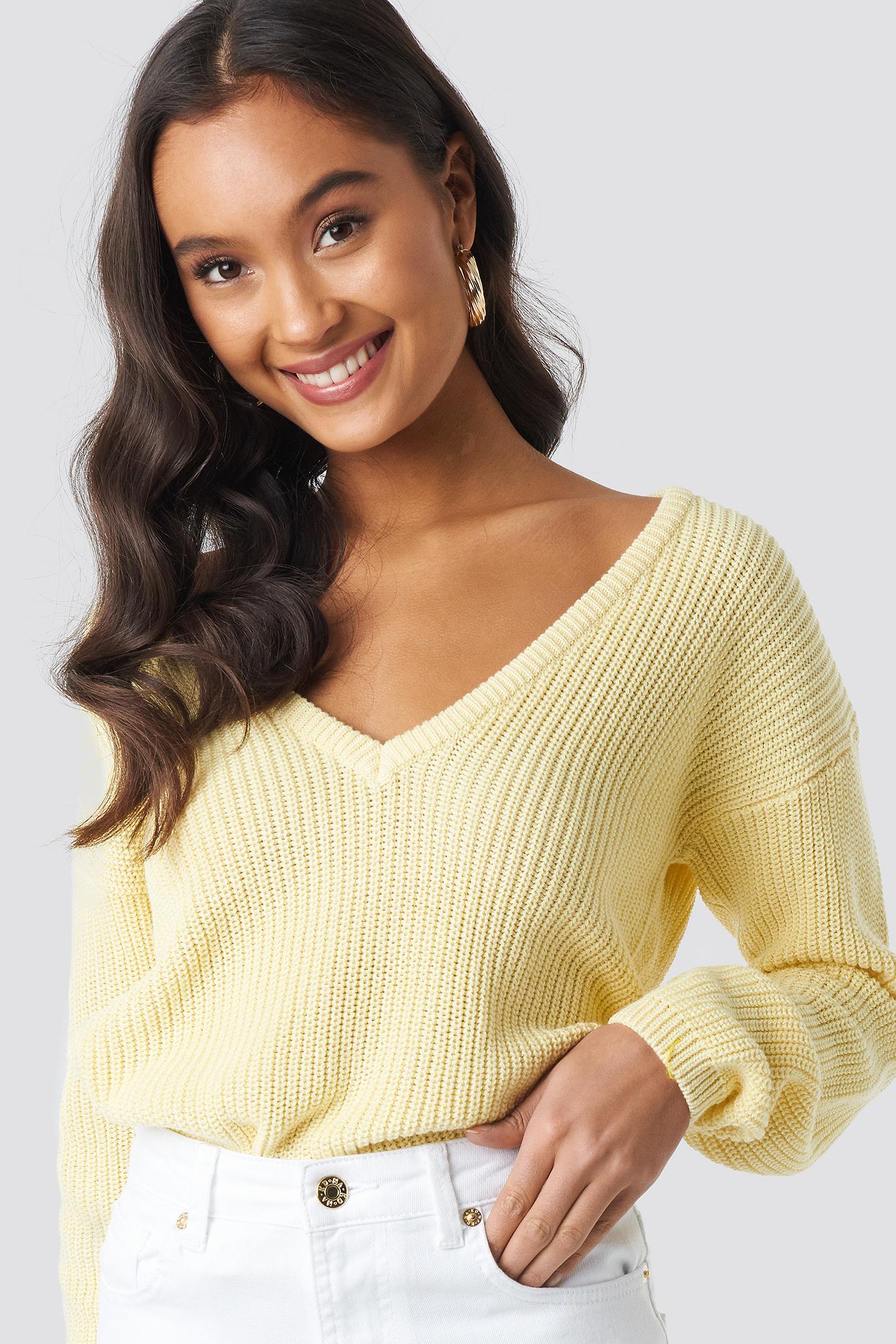 Deep Front V-neck Knitted Sweater Light Yellow