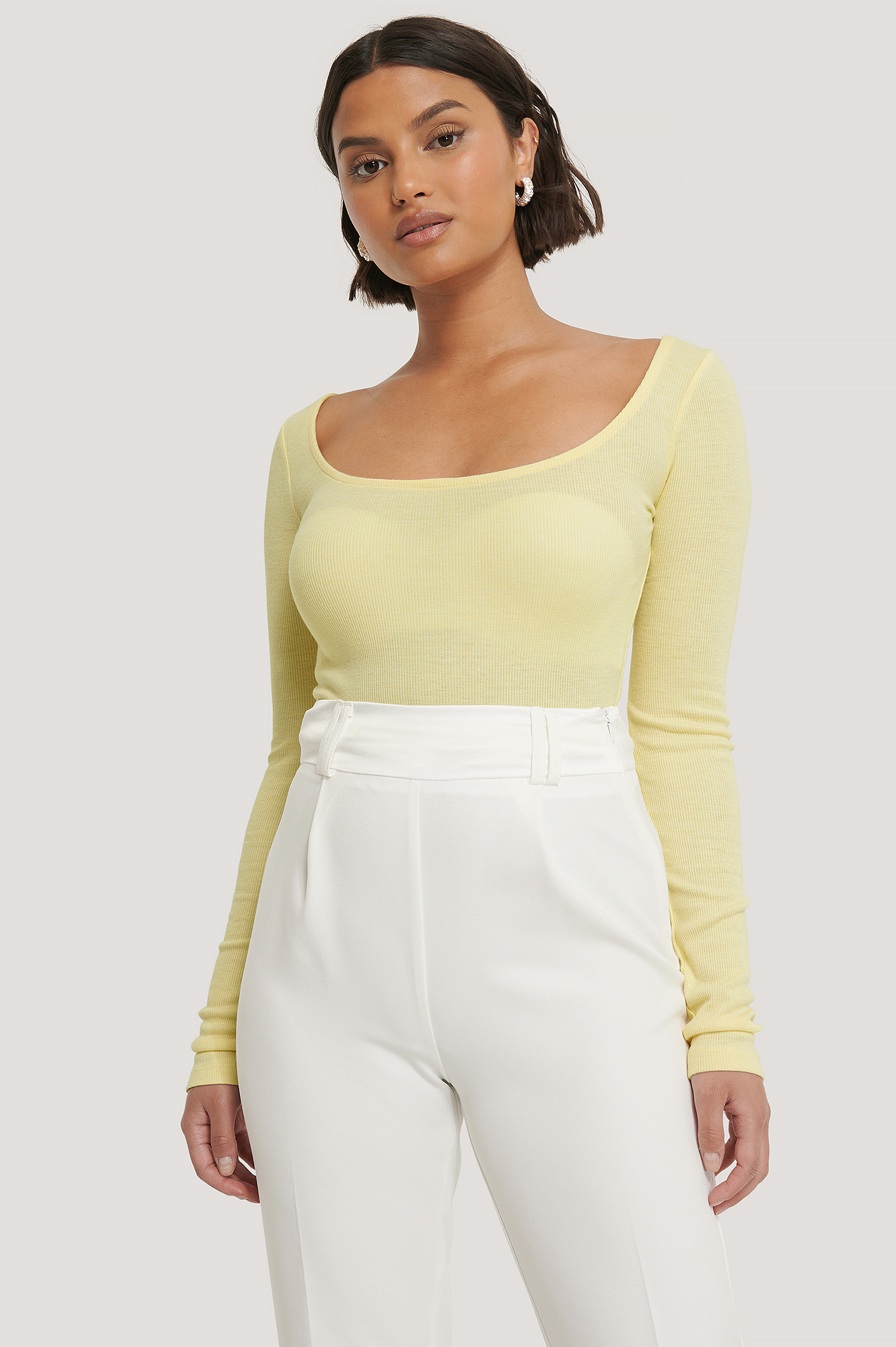 Deep Round Neck Ribbed Top Yellow