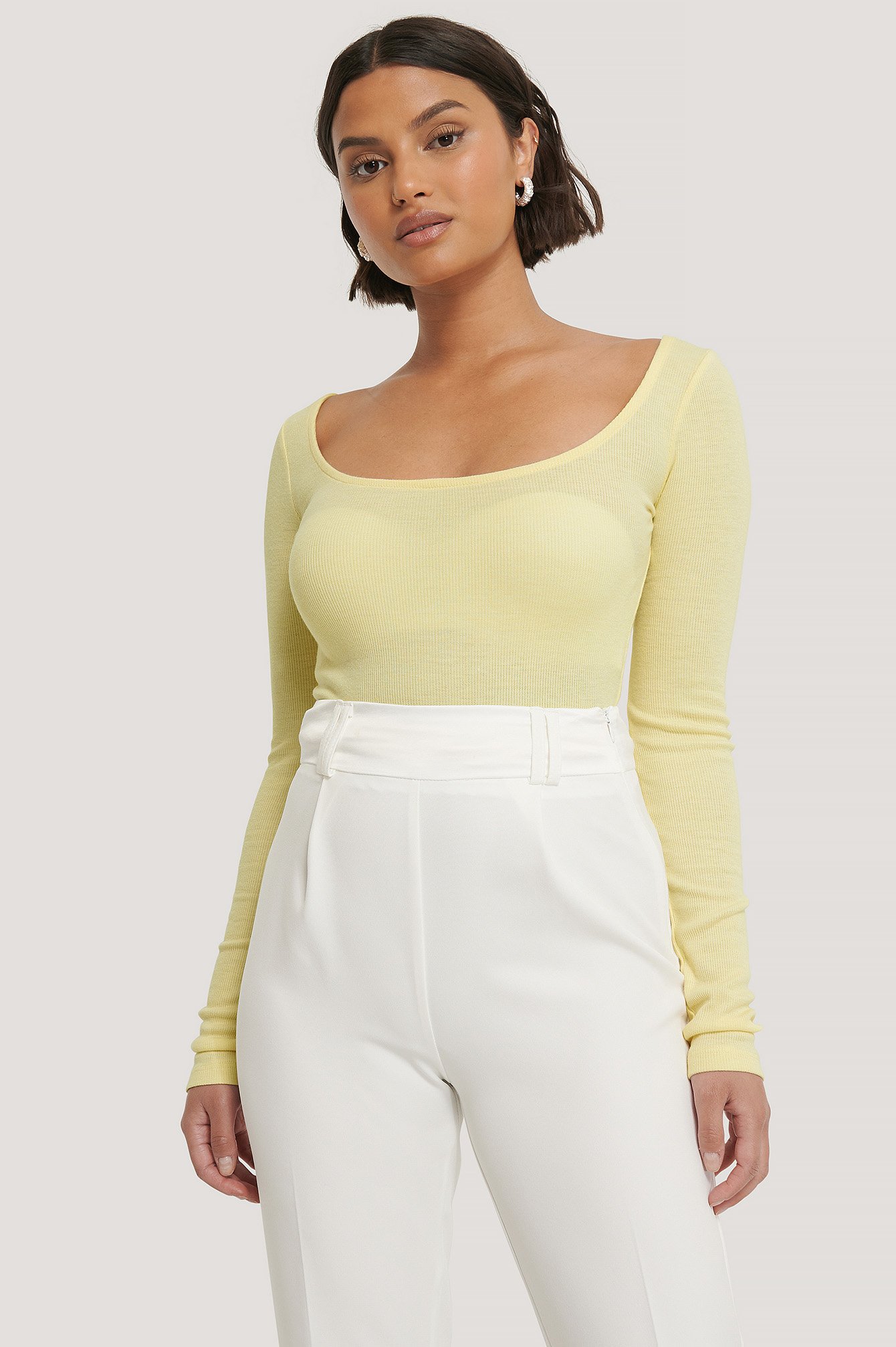 Yellow Deep Round Neck Ribbed Top