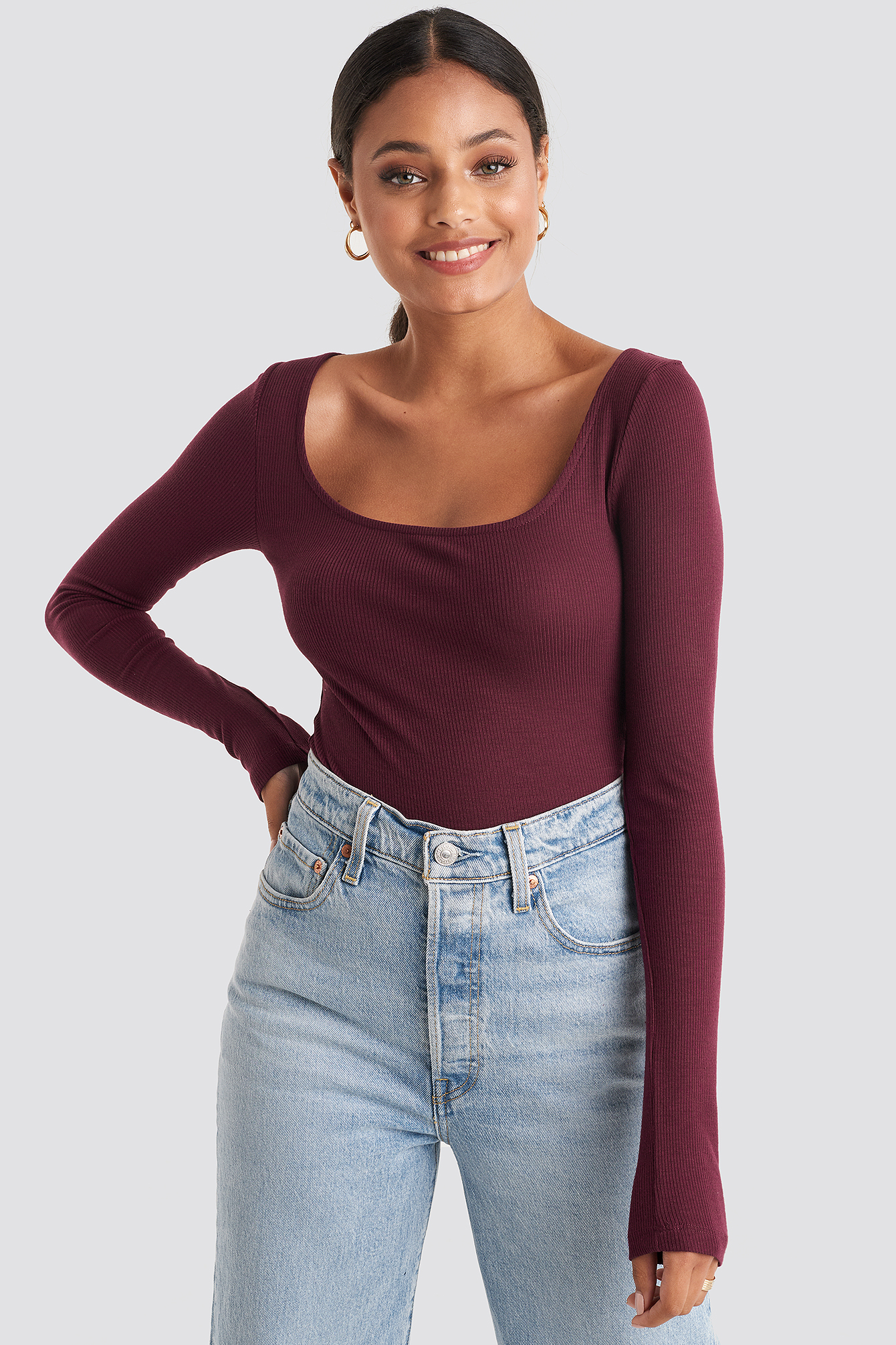 Deep Round Neck Ribbed Top Burgundy