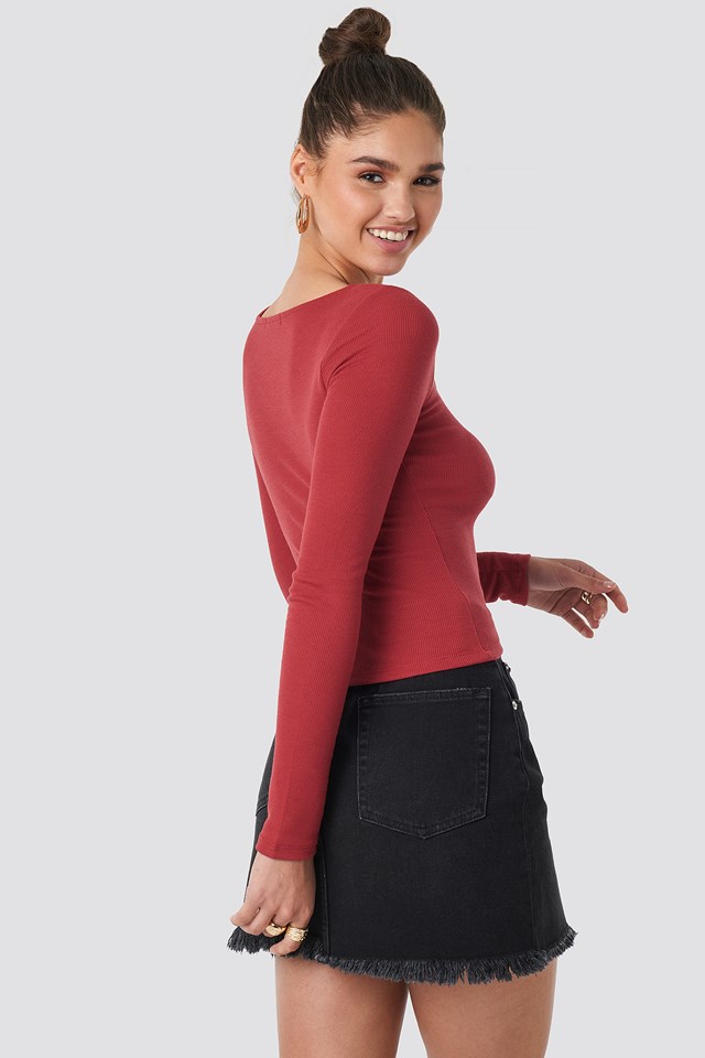Deep Round Neck Ribbed Top Red | na-kd.com
