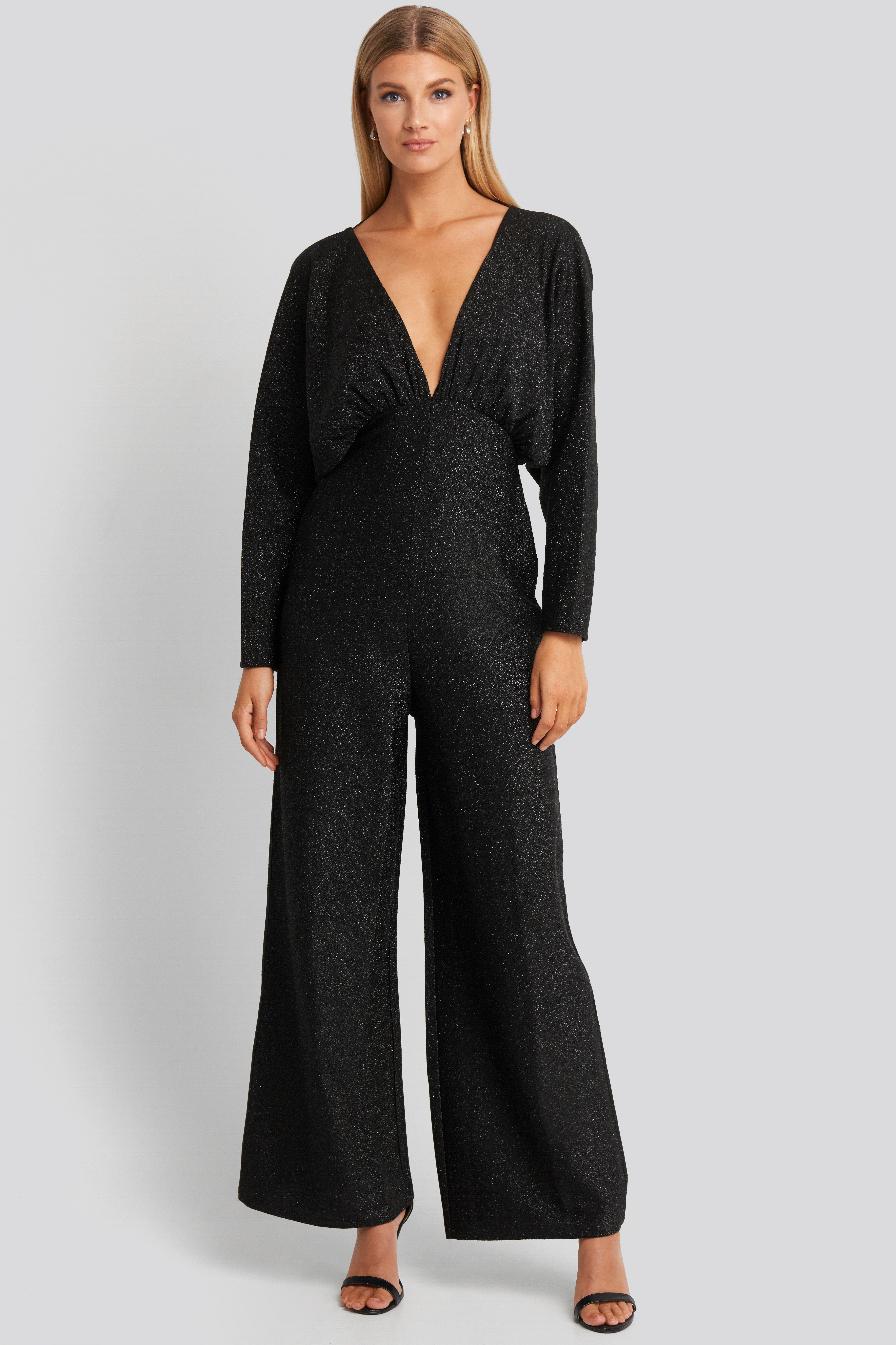 Deep V Neck Batwing Lurex Jumpsuit Black