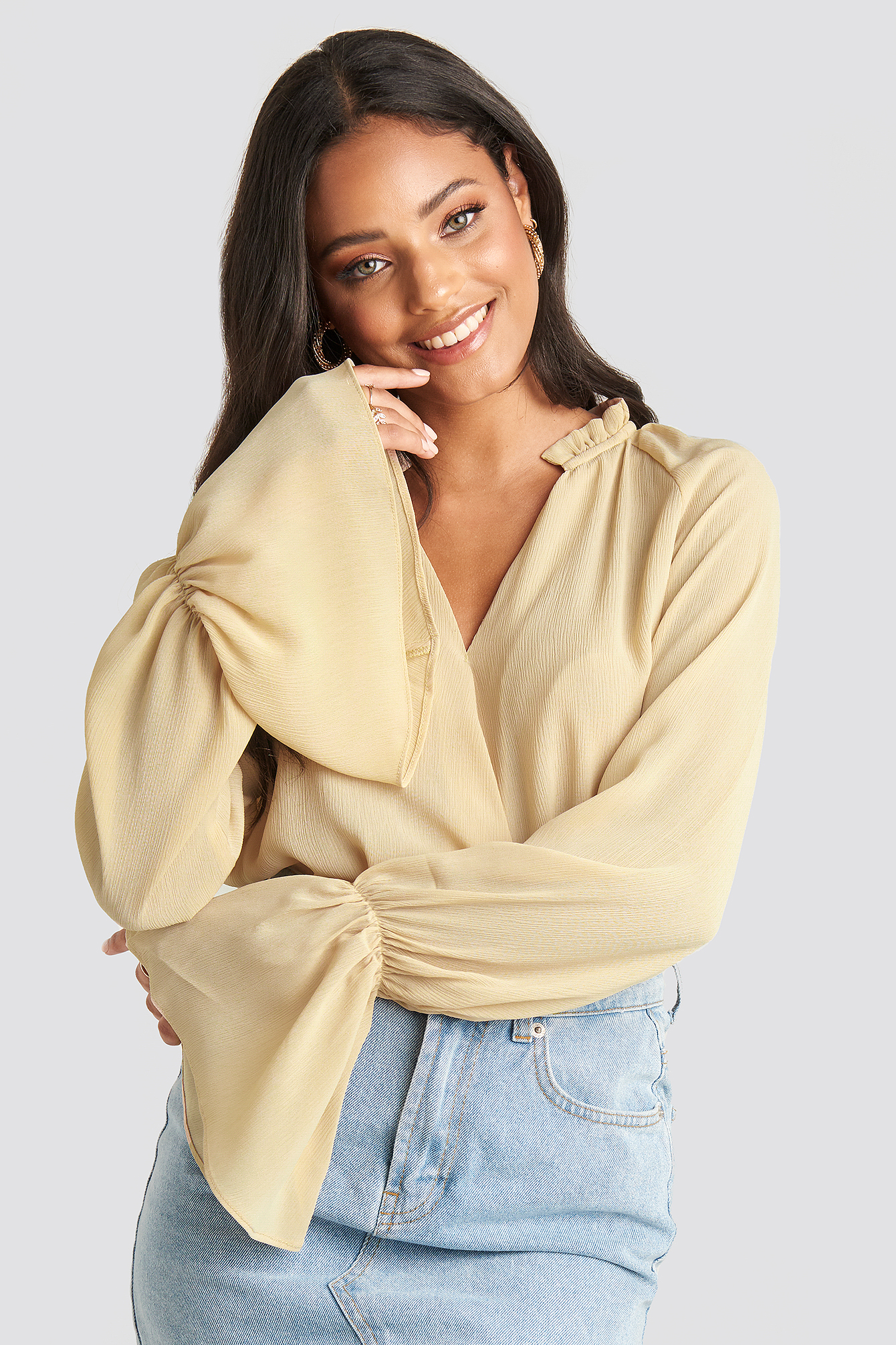 Deep V-Neck Flare Cuff Blouse Light Beige