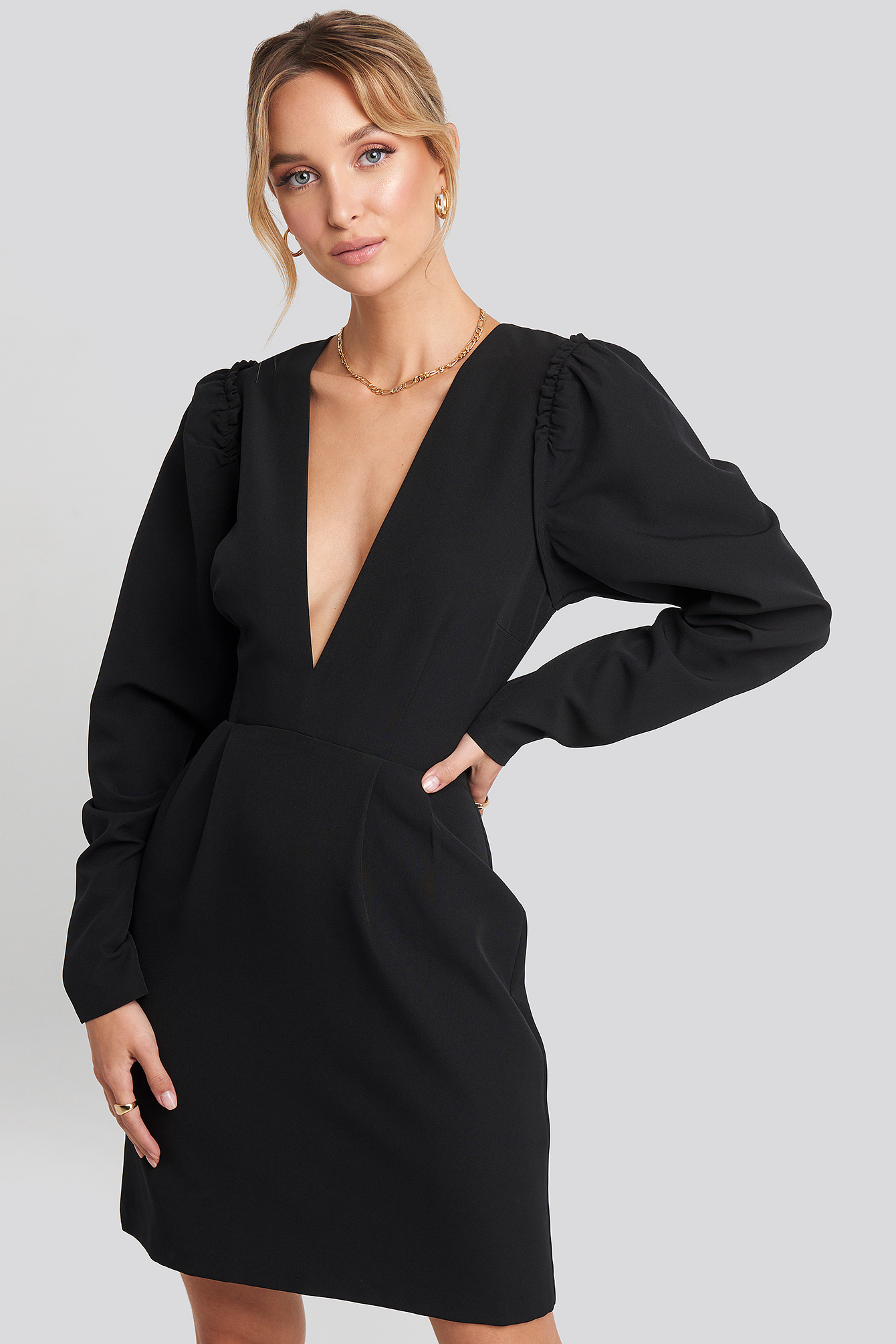 Deep V-Neck Puff Long Sleeve Mini Dress Black