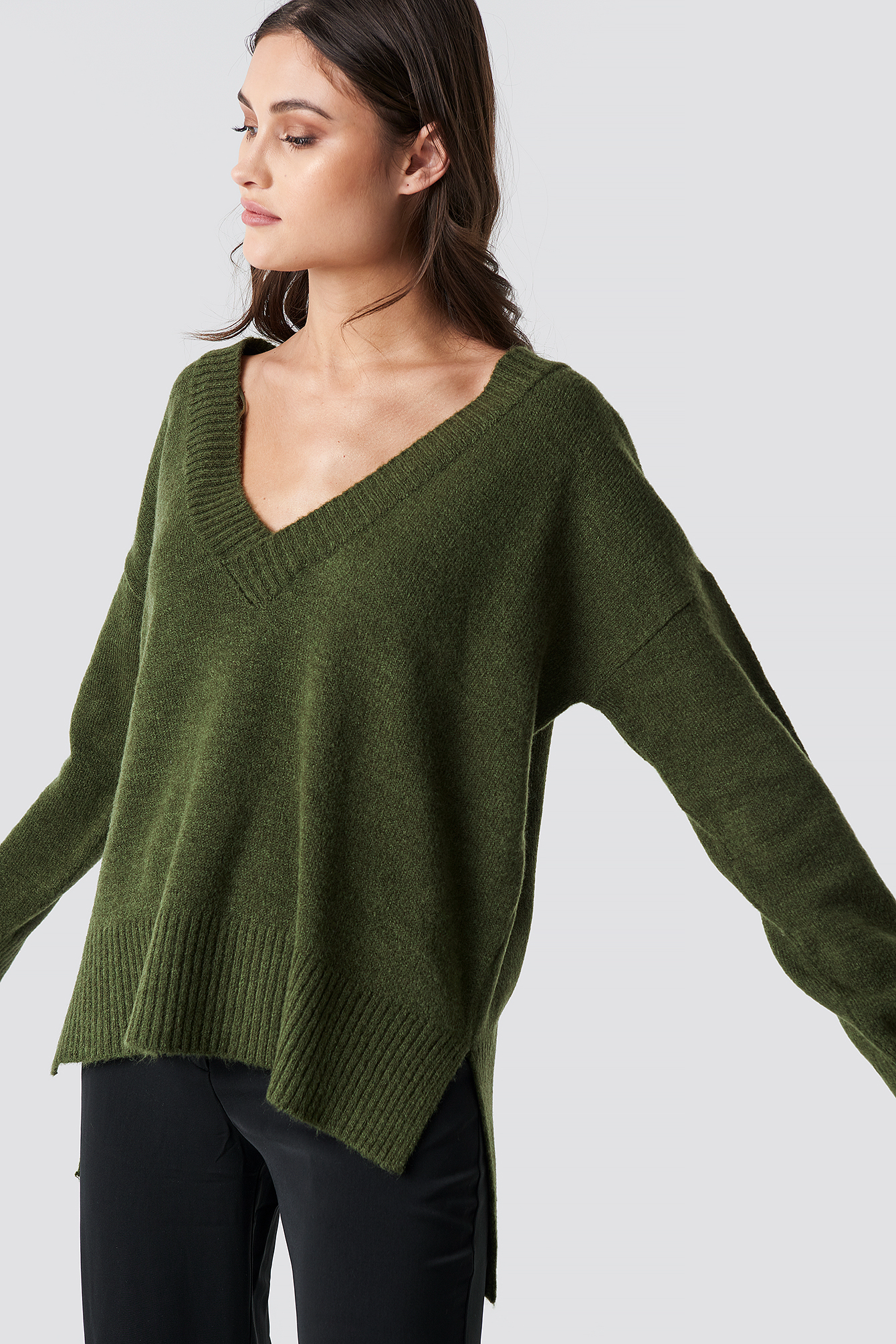 Deep V-neck Oversized Sweater Green