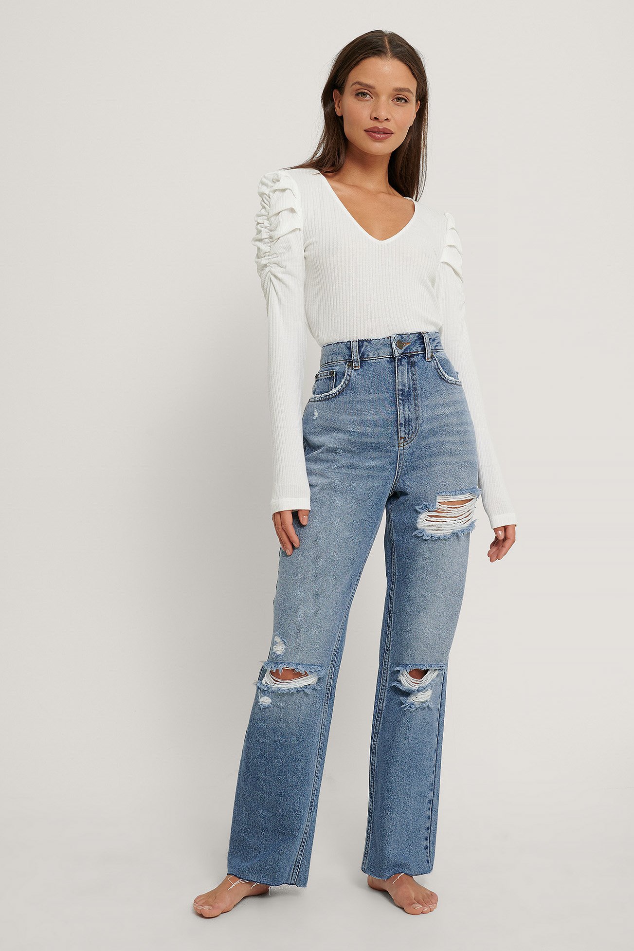 Mid Blue Destroyed Detail High Waist Straight Jeans