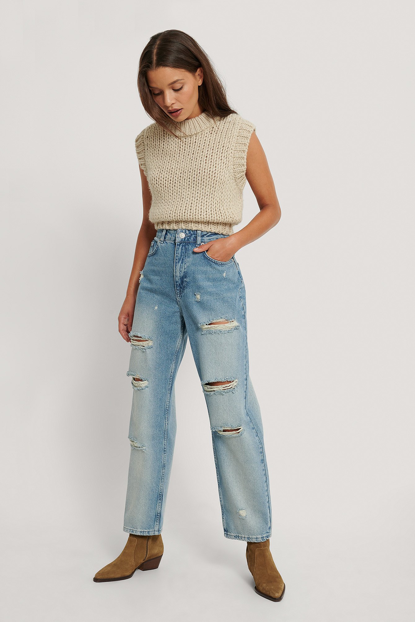 Mid Blue Destroyed High Waist Cropped Jeans