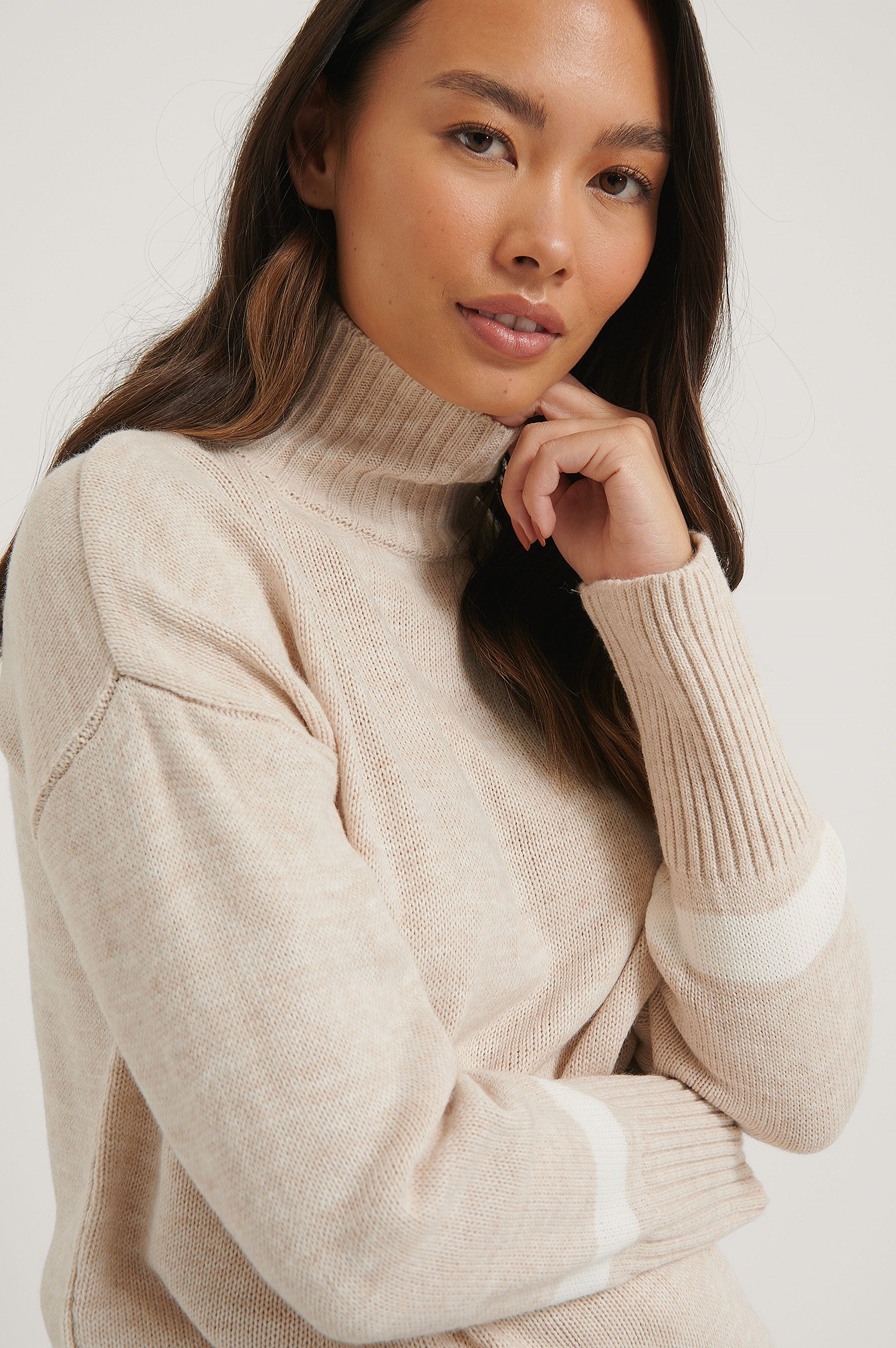 Beige/White Sleeve Detail High Neck Sweater