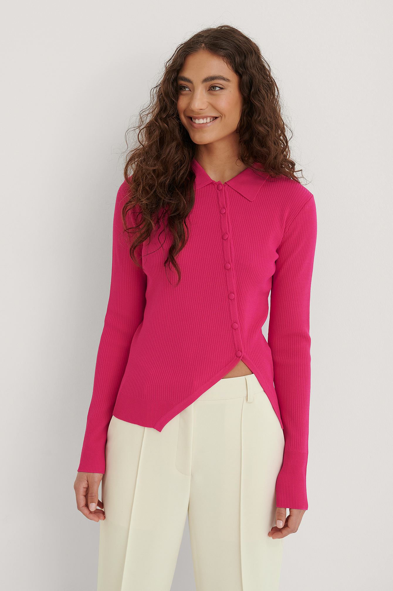 Diagonal Buttoned Knitted Cardigan Pink 