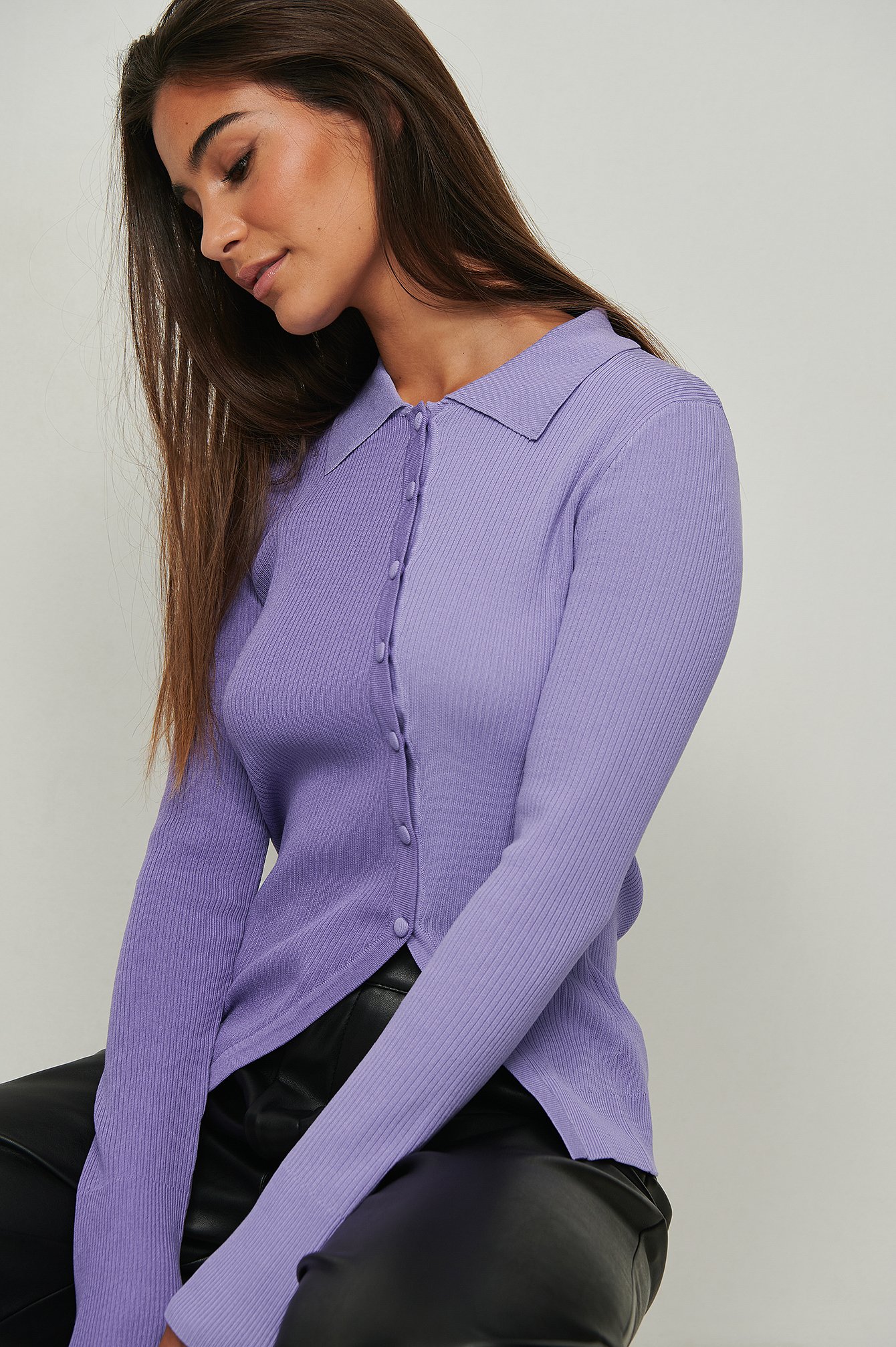 Lilac Diagonal Buttoned Knitted Cardigan