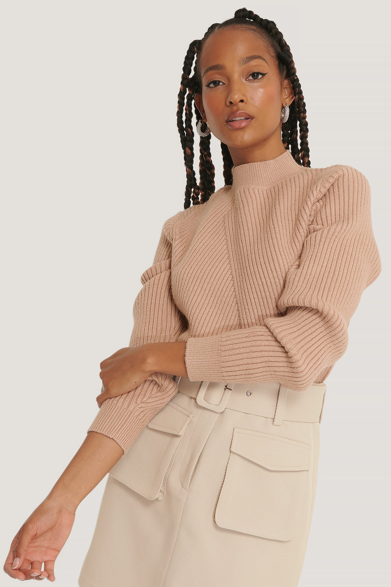 Beige Diagonal Detail Knitted Sweater