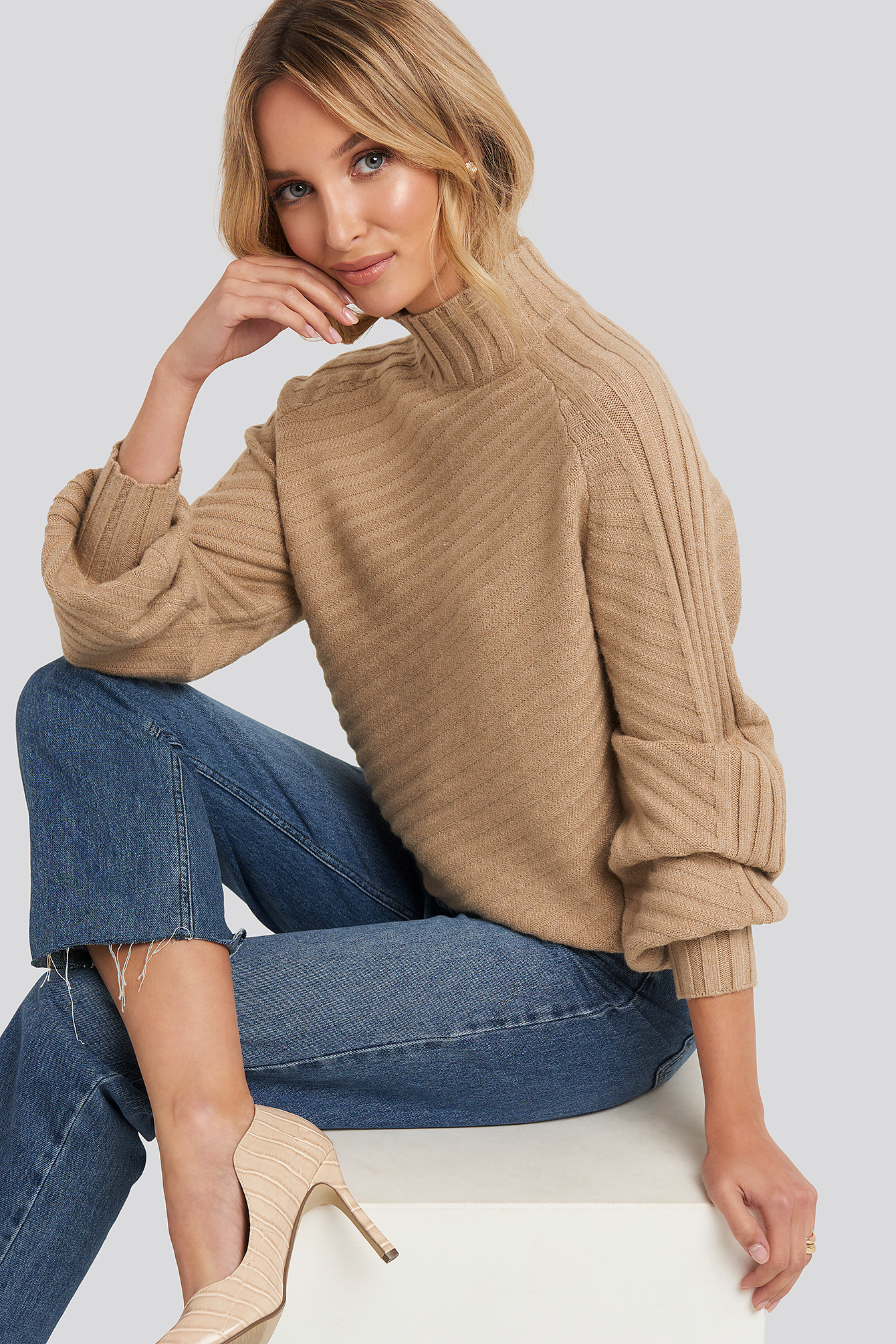 Diagonal Ribbed Knitted Sweater Beige