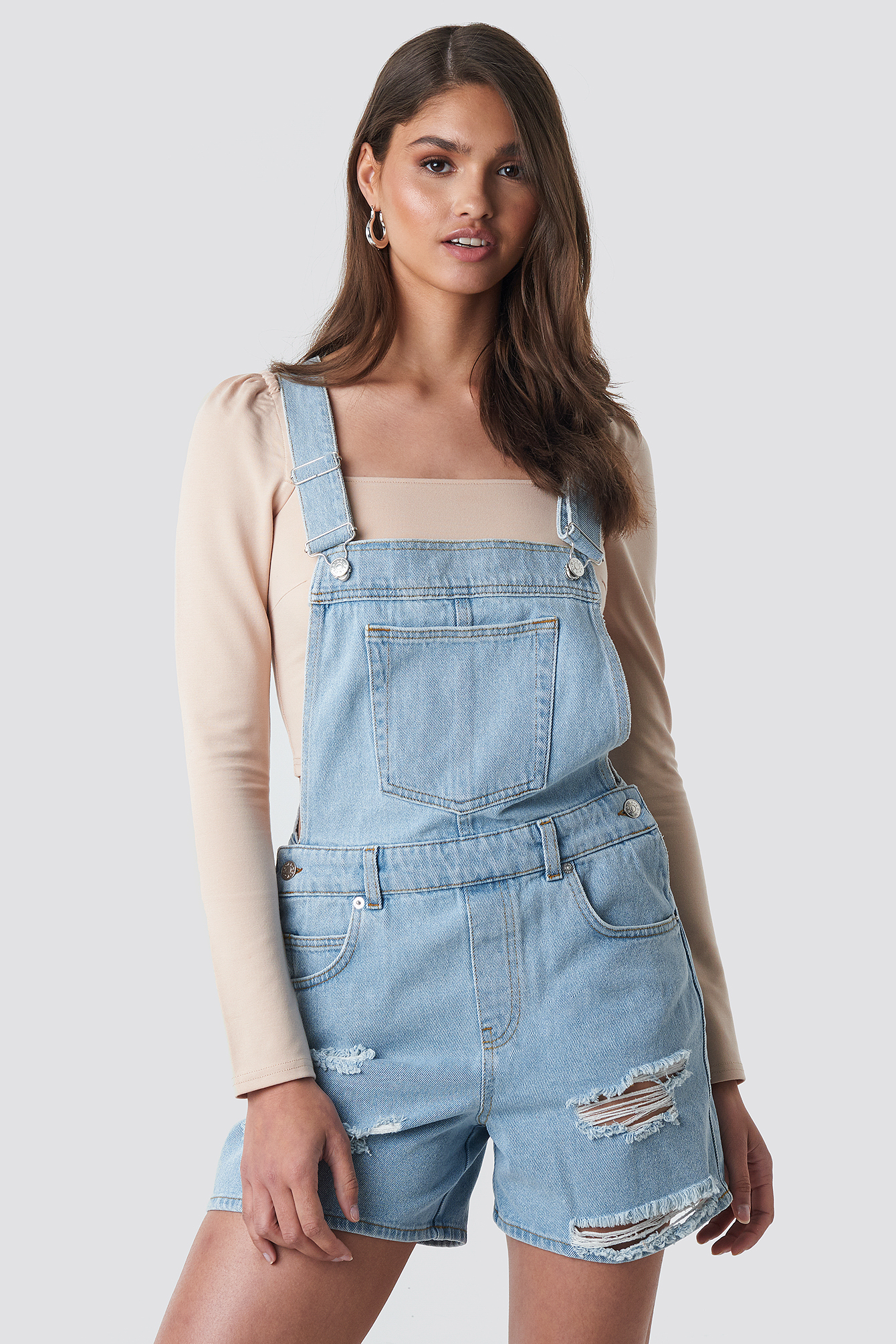 Distressed Denim Short Dungarees Light Blue Wash