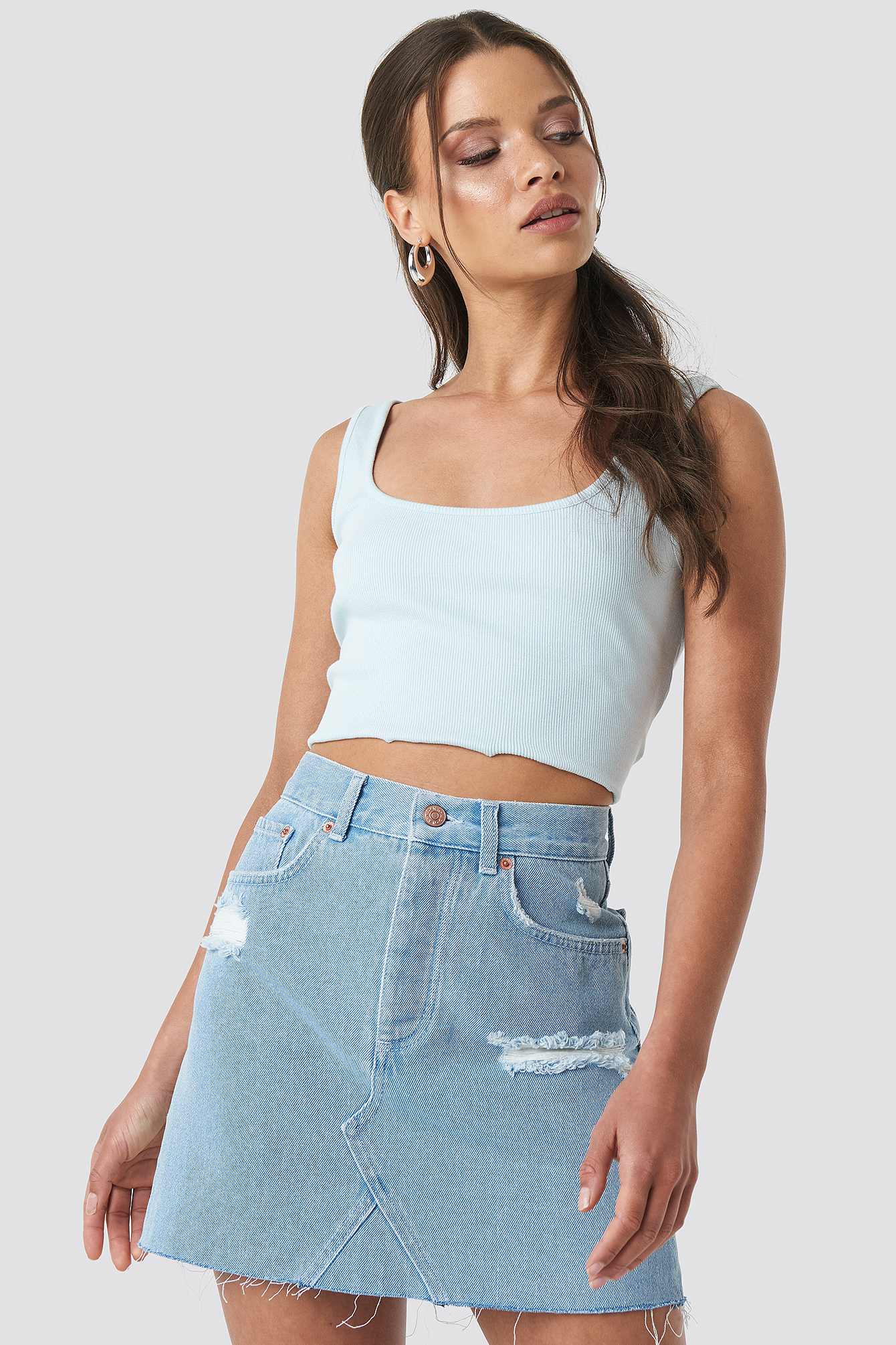 Distressed Denim Skirt Light Blue