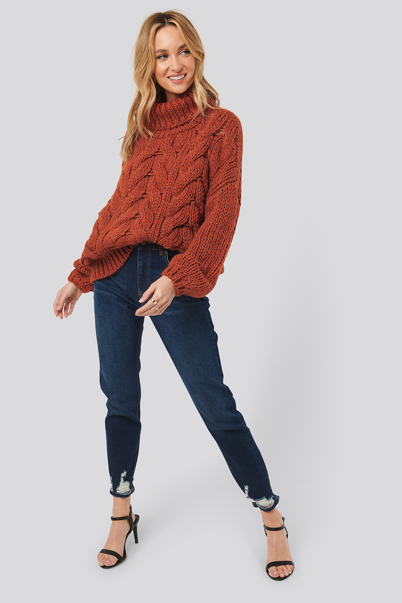 Distressed Hem Mom Jeans Indigo Blue