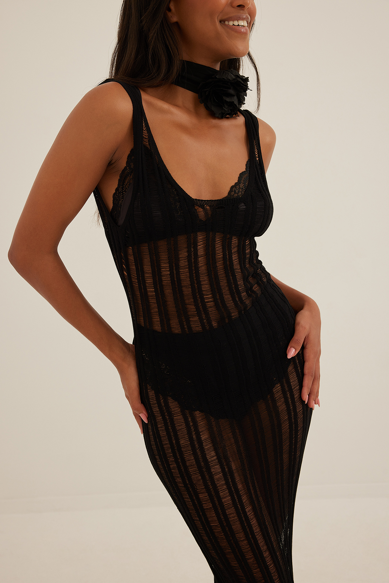 Distressed Knitted Maxi Dress Black 