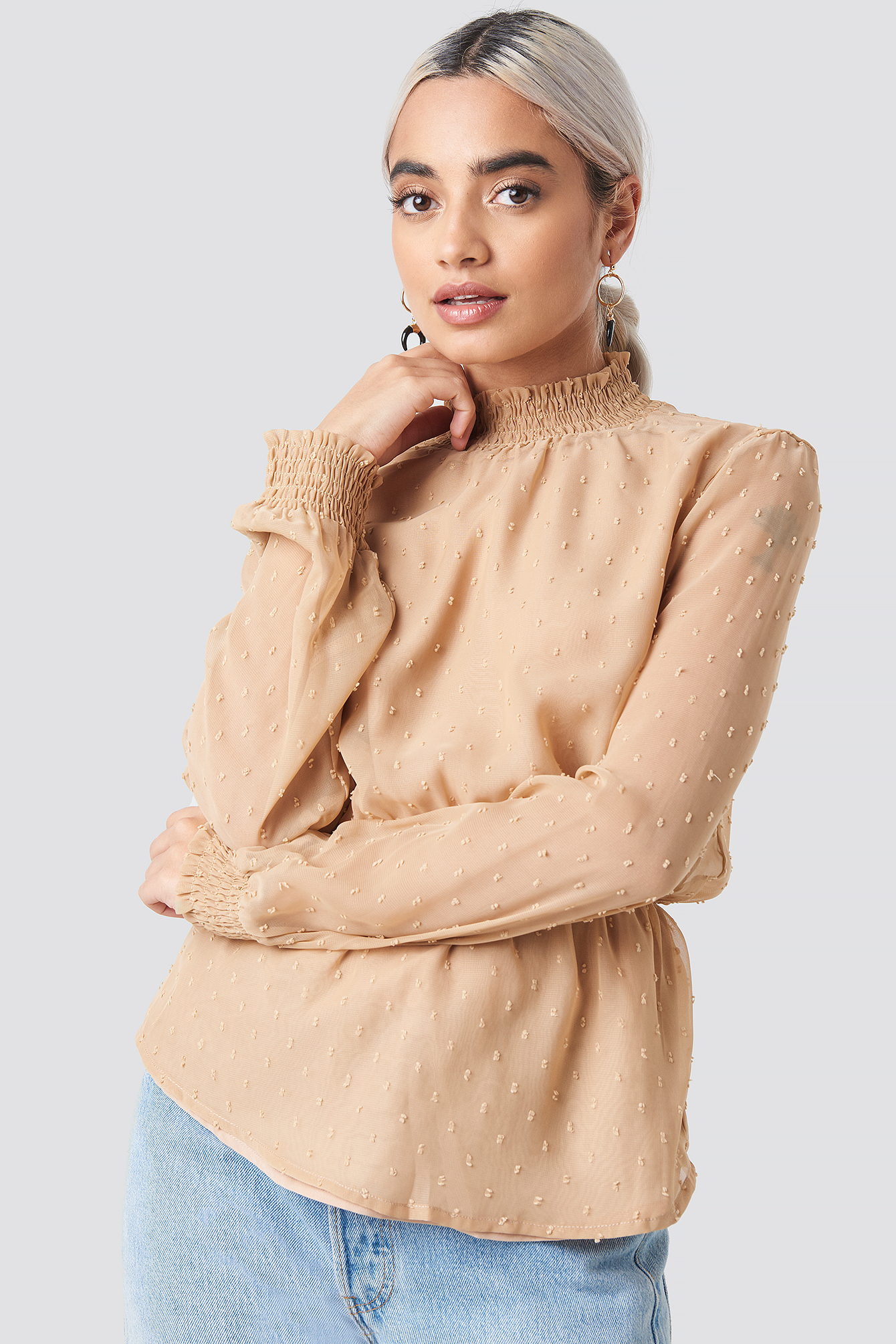 Dobby High Neck Blouse Beige