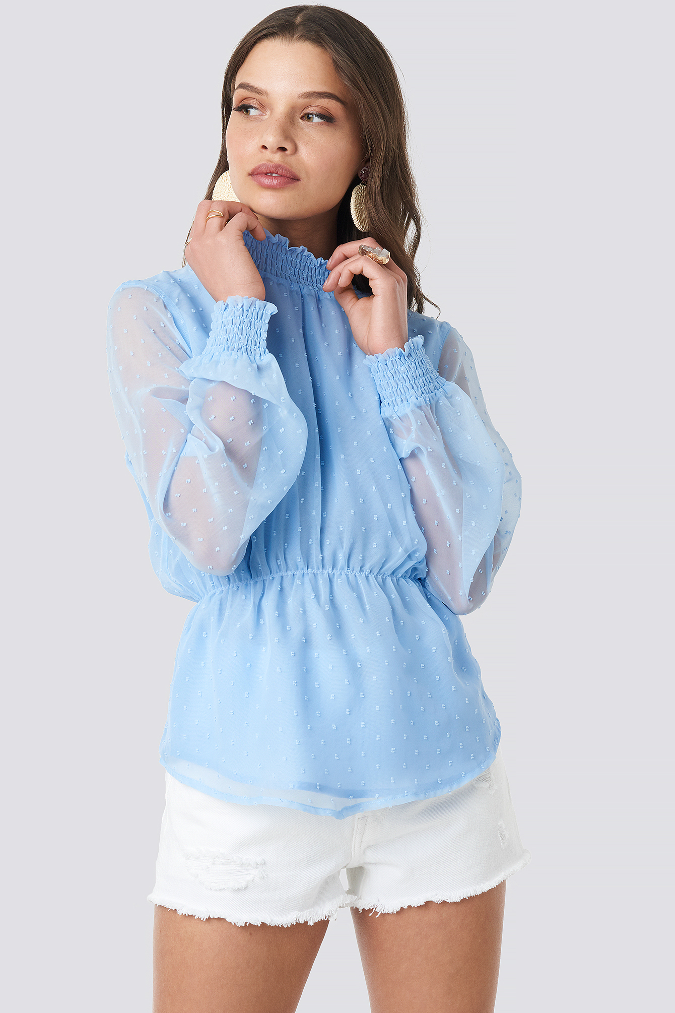 Dobby High Neck Blouse Light Blue