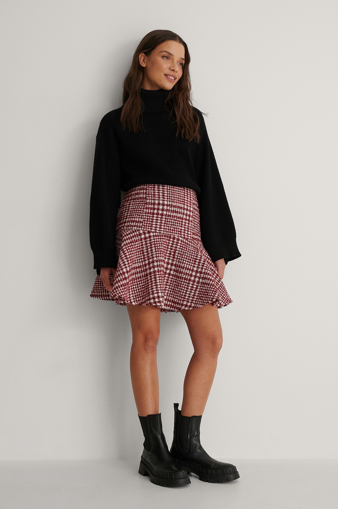 Red/White Dogtooth Tweed Skirt