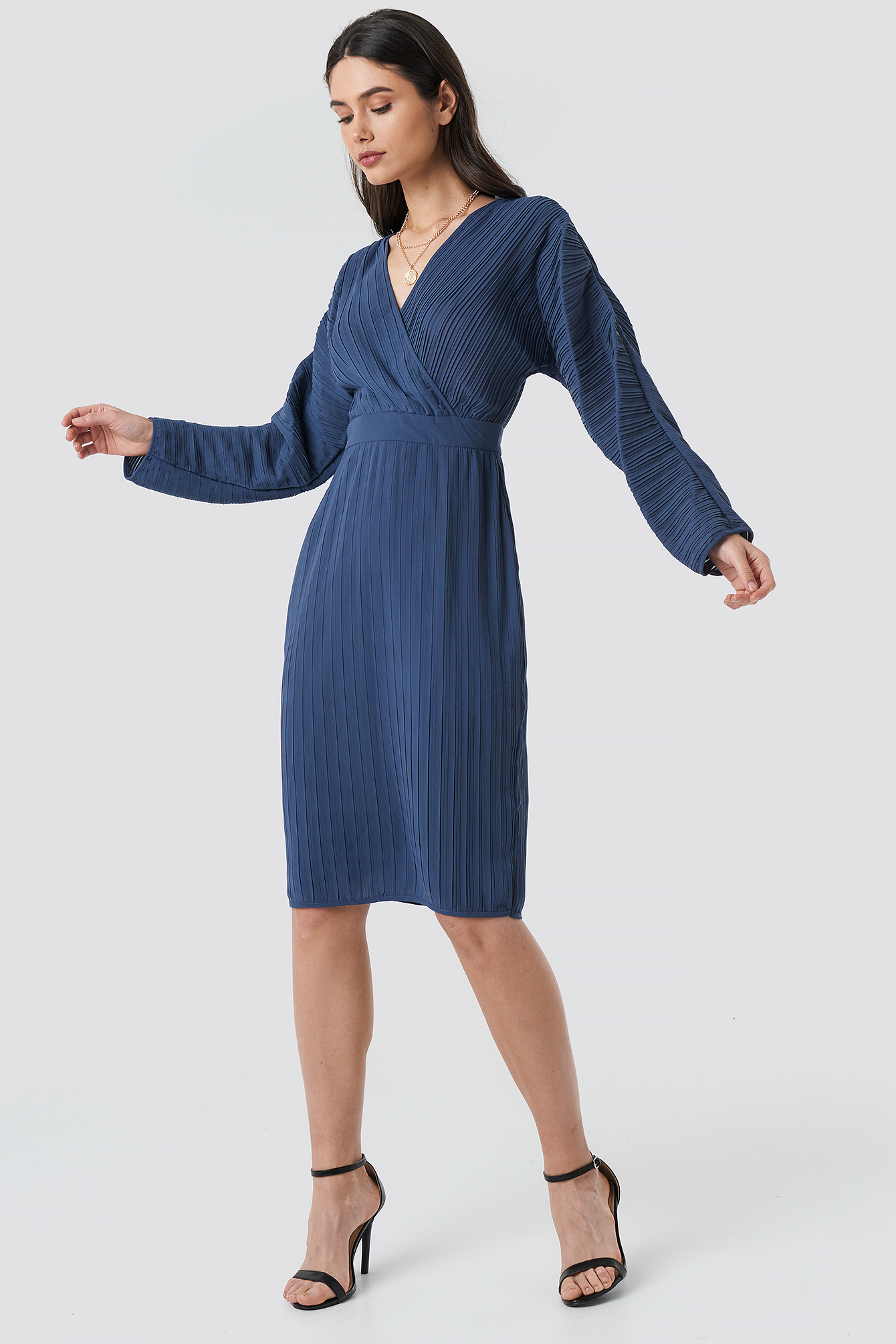 Dolman Sleeve Pleated Dress Dark Dusty Blue