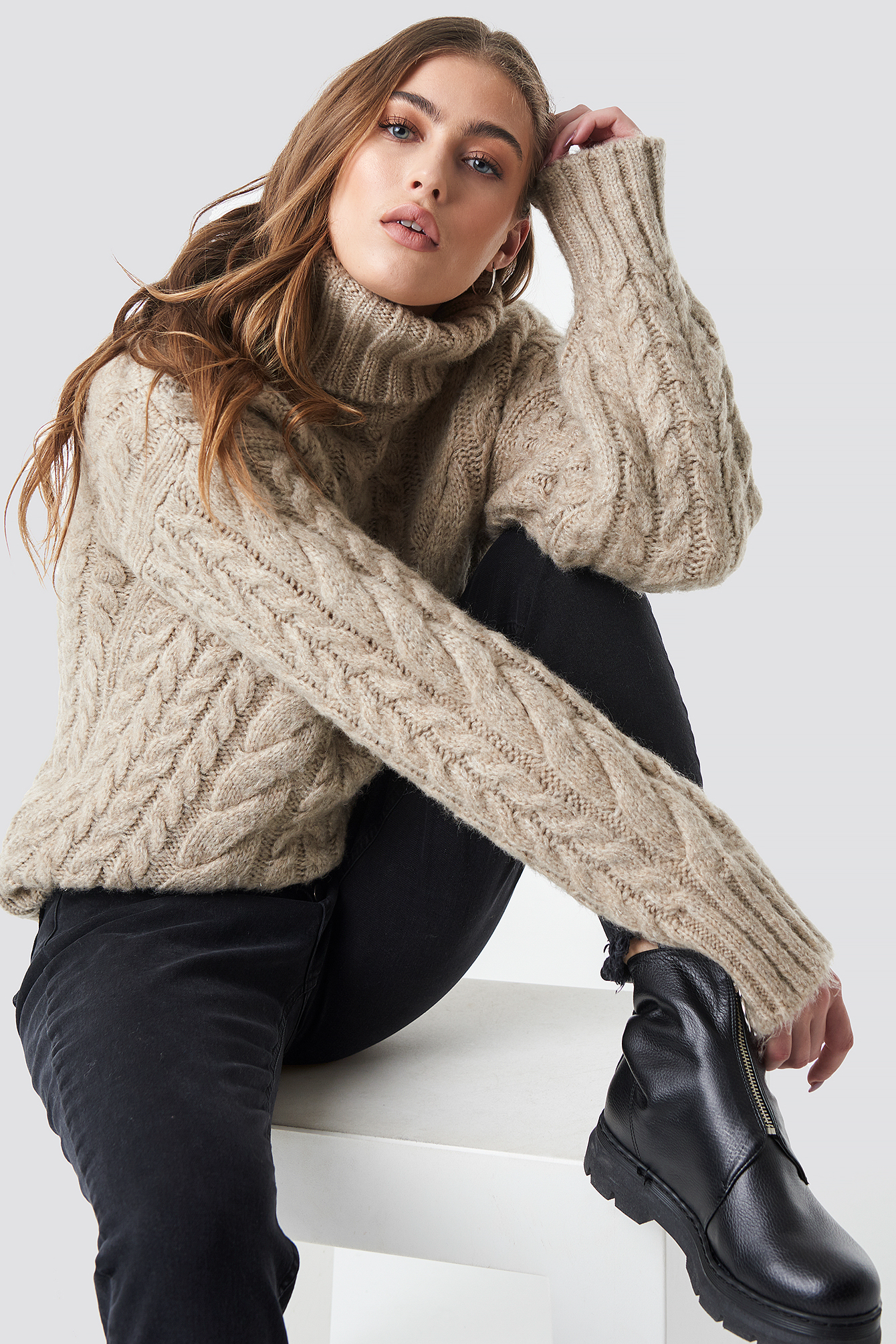 Cable Knitted Sweater Beige | na-kd.com