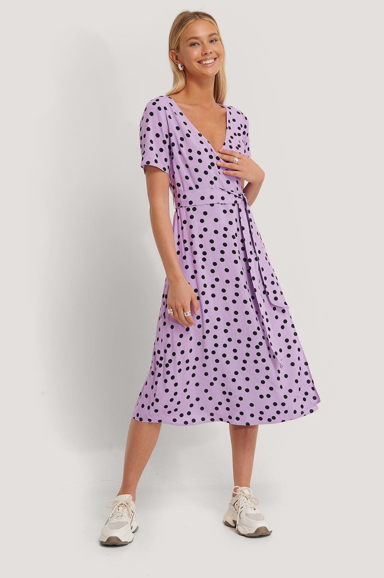 Lilac Dotted Overlap Midi Dress