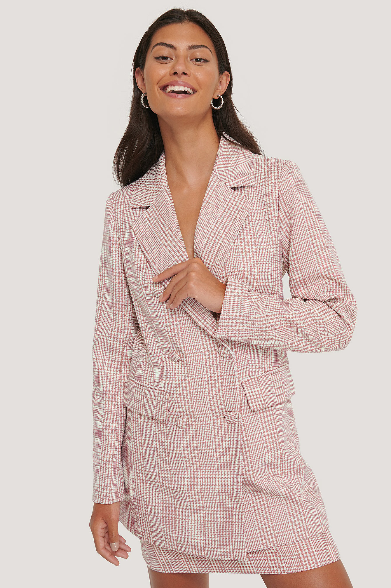 Pink/White Double Breasted Houndtooth Blazer