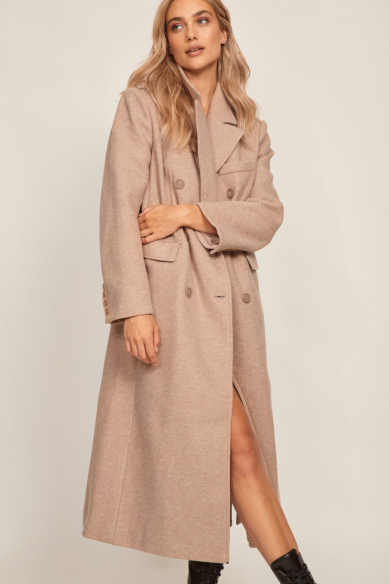 Beige Double Breasted Straight Coat