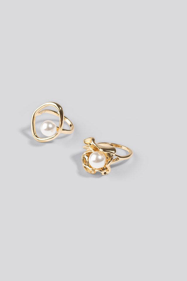 Double Pack Chunky Pearl Rings Gold