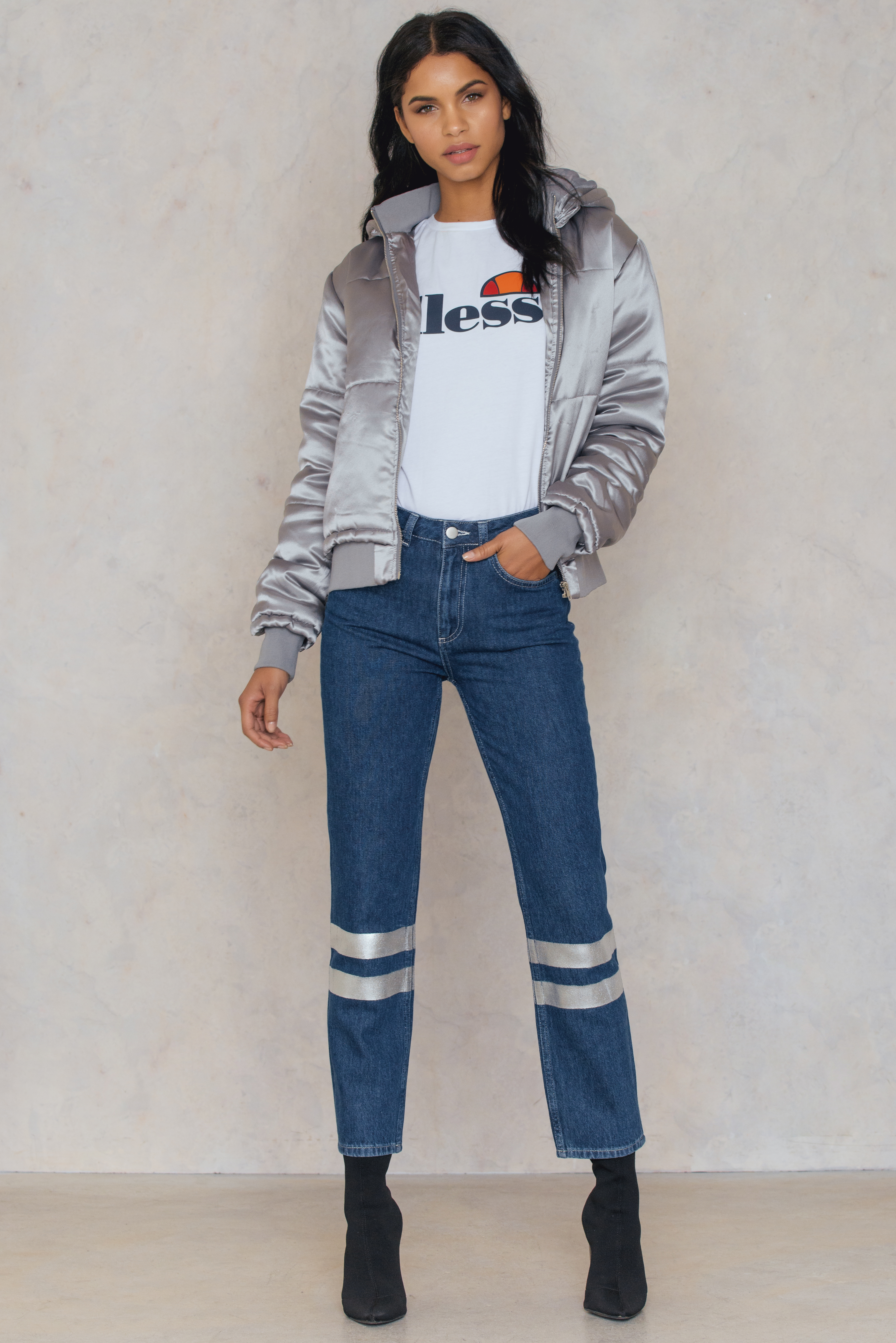 Double Silver Striped Denim Mid Blue