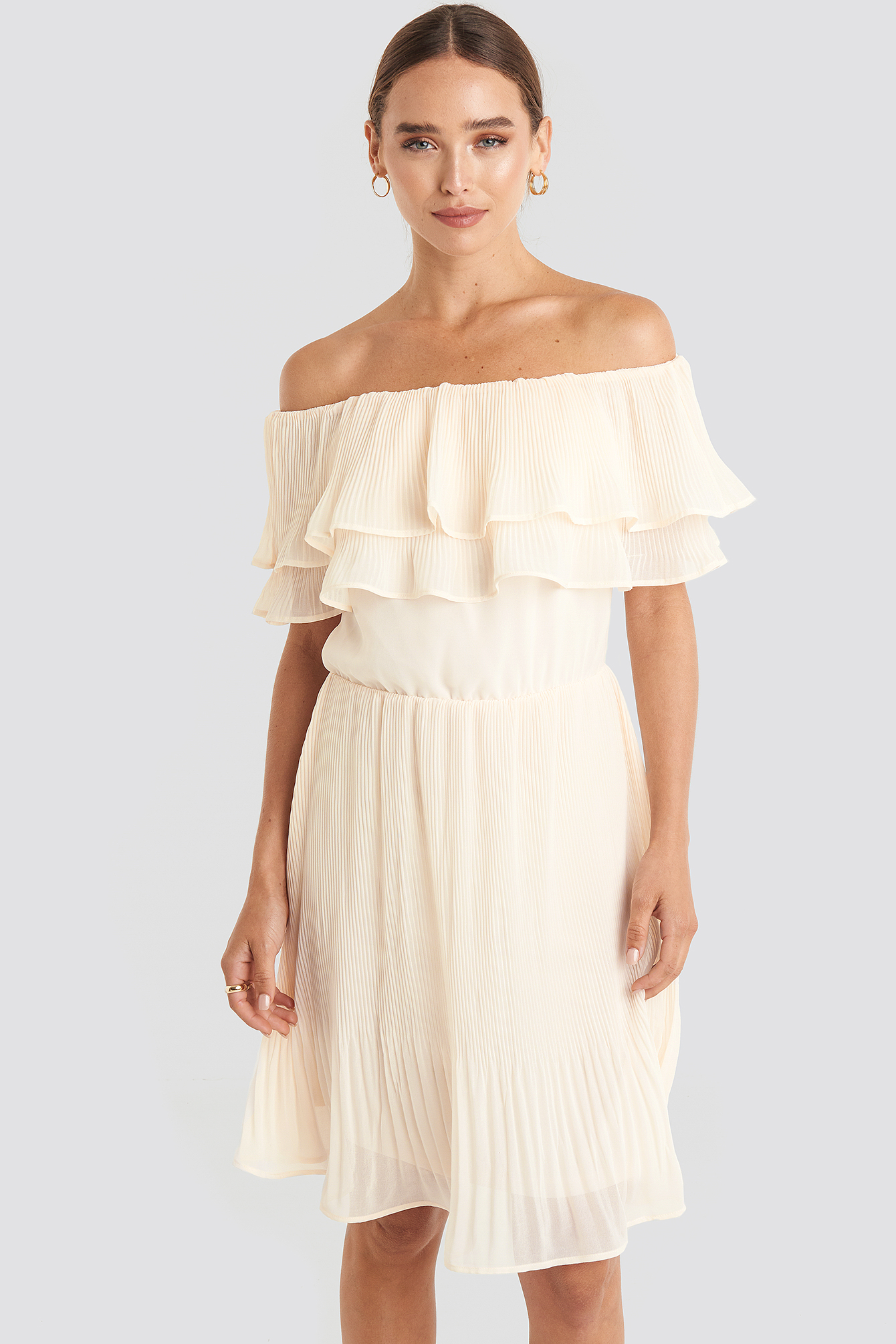 Double Tier Off Shoulder Dress Beige 
