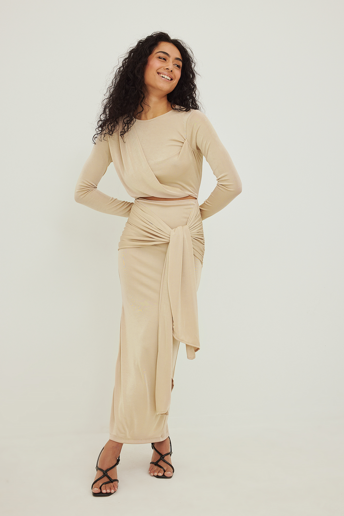 NA-KD Trend Recycled Draped Cut Out Detail Maxi Dress - Beige