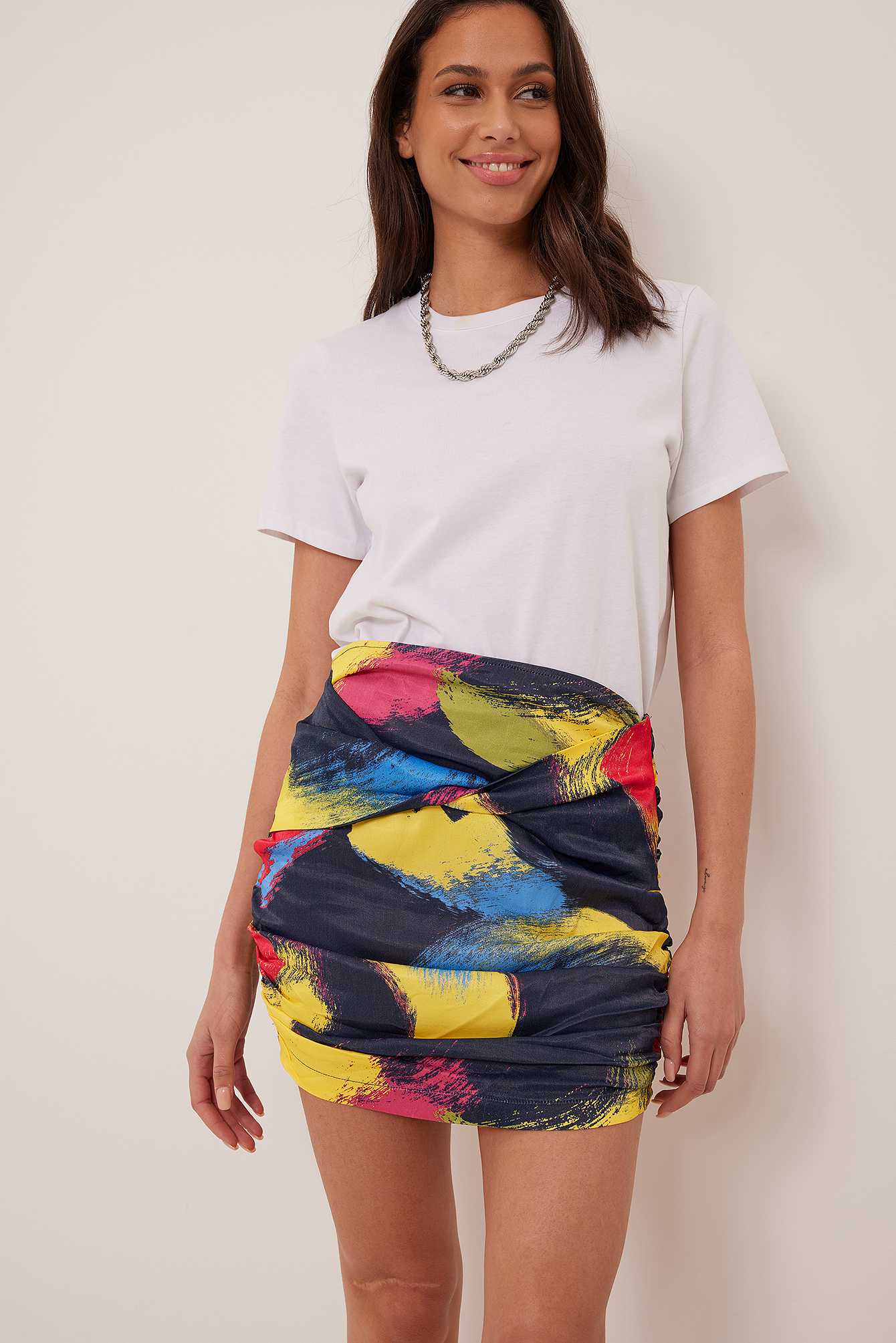Mixcolor Print Draped Front Mini Skirt