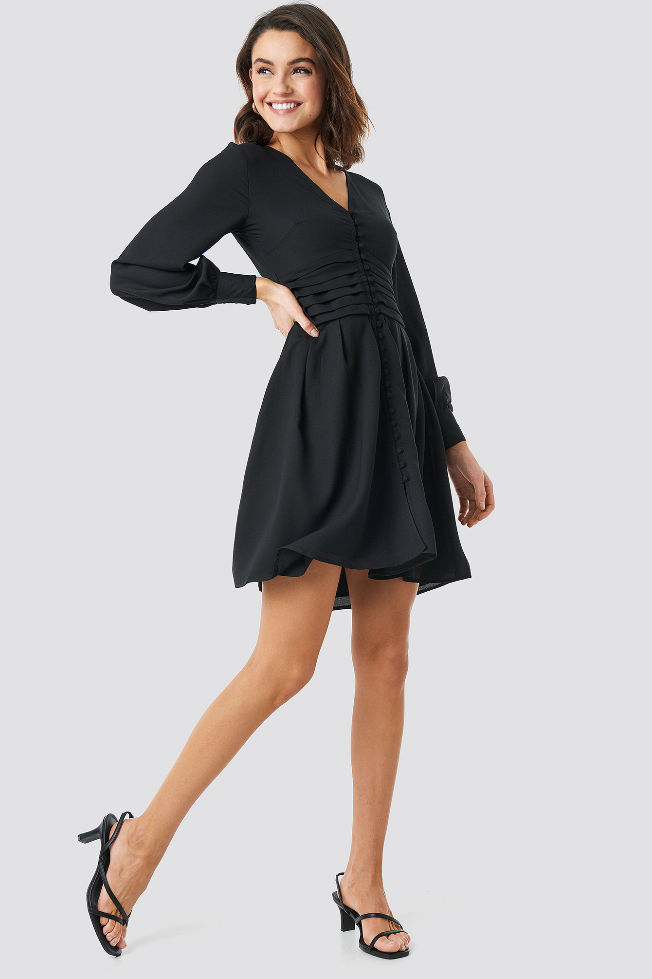 Draped Waist Button Up Dress Black