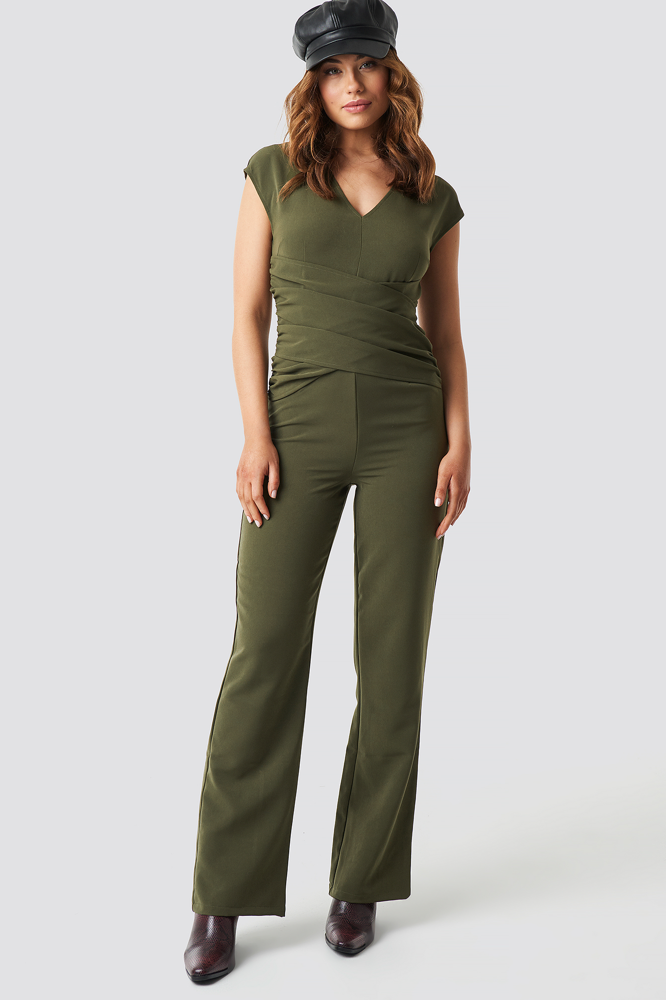 Draped Waist V-Neck Jumpsuit Khaki Green