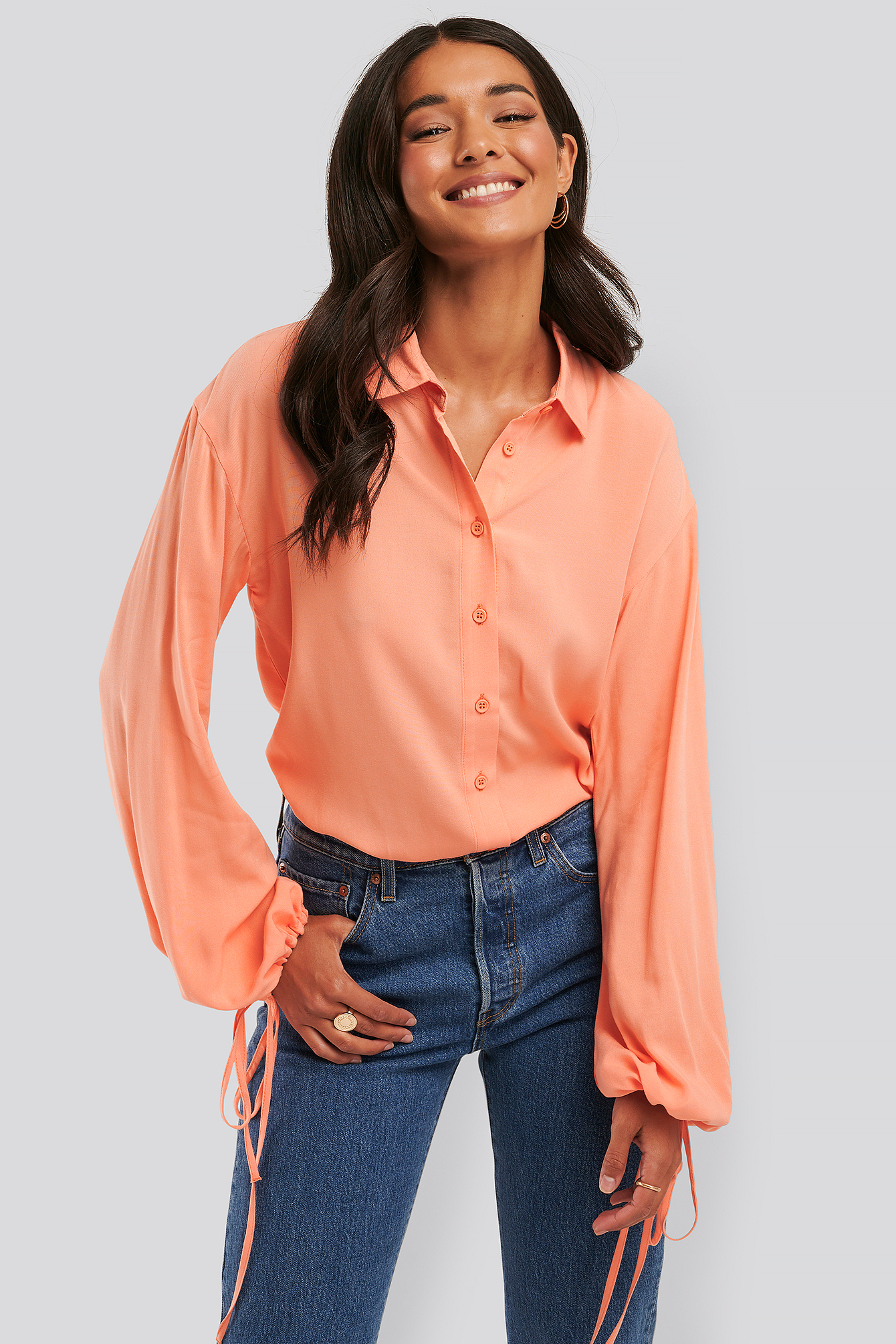 Drawstring Balloon Sleeve Shirt Pink 