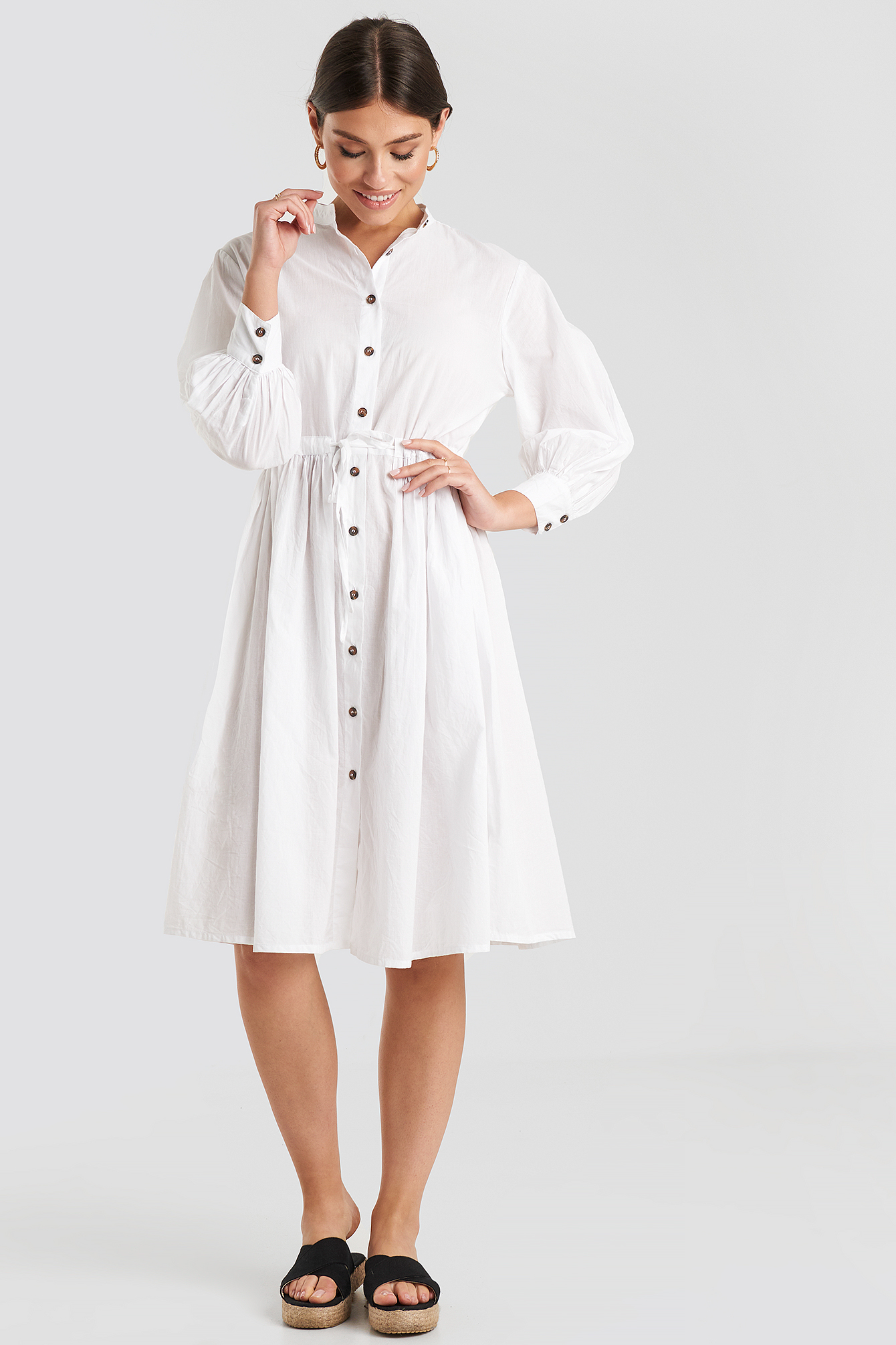 Drawstring Buttoned Shirt Dress White