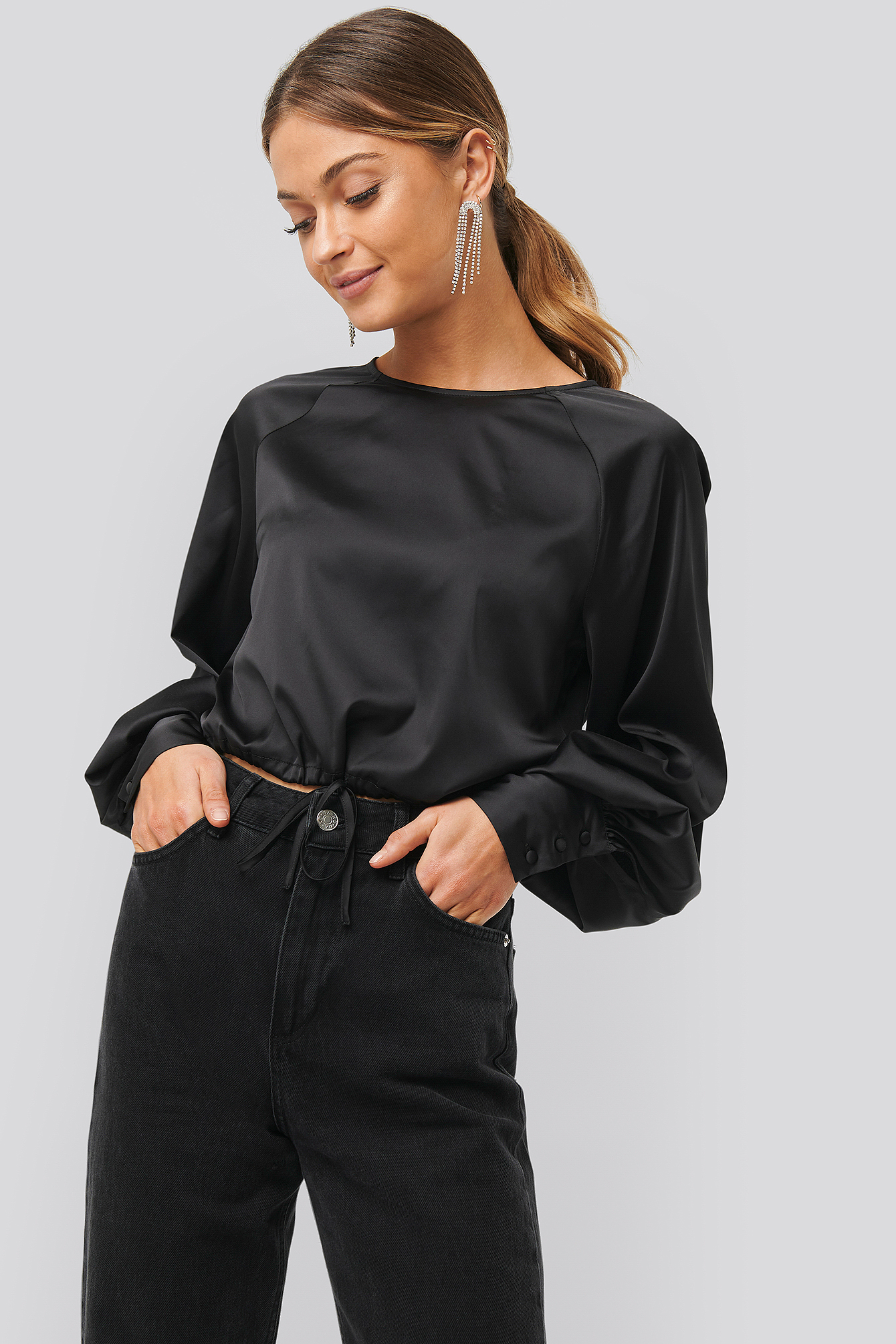Drawstring Detail Satin Blouse Black