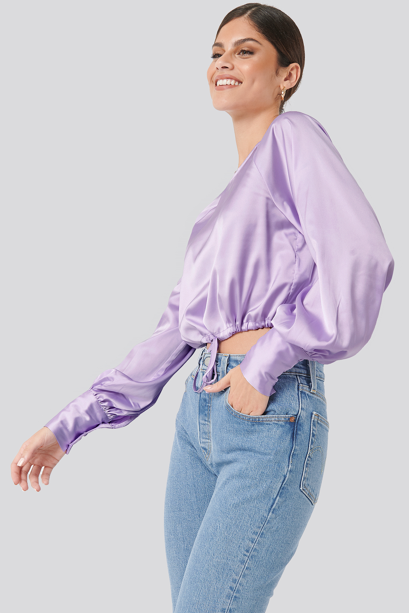Drawstring Detail Satin Blouse Purple