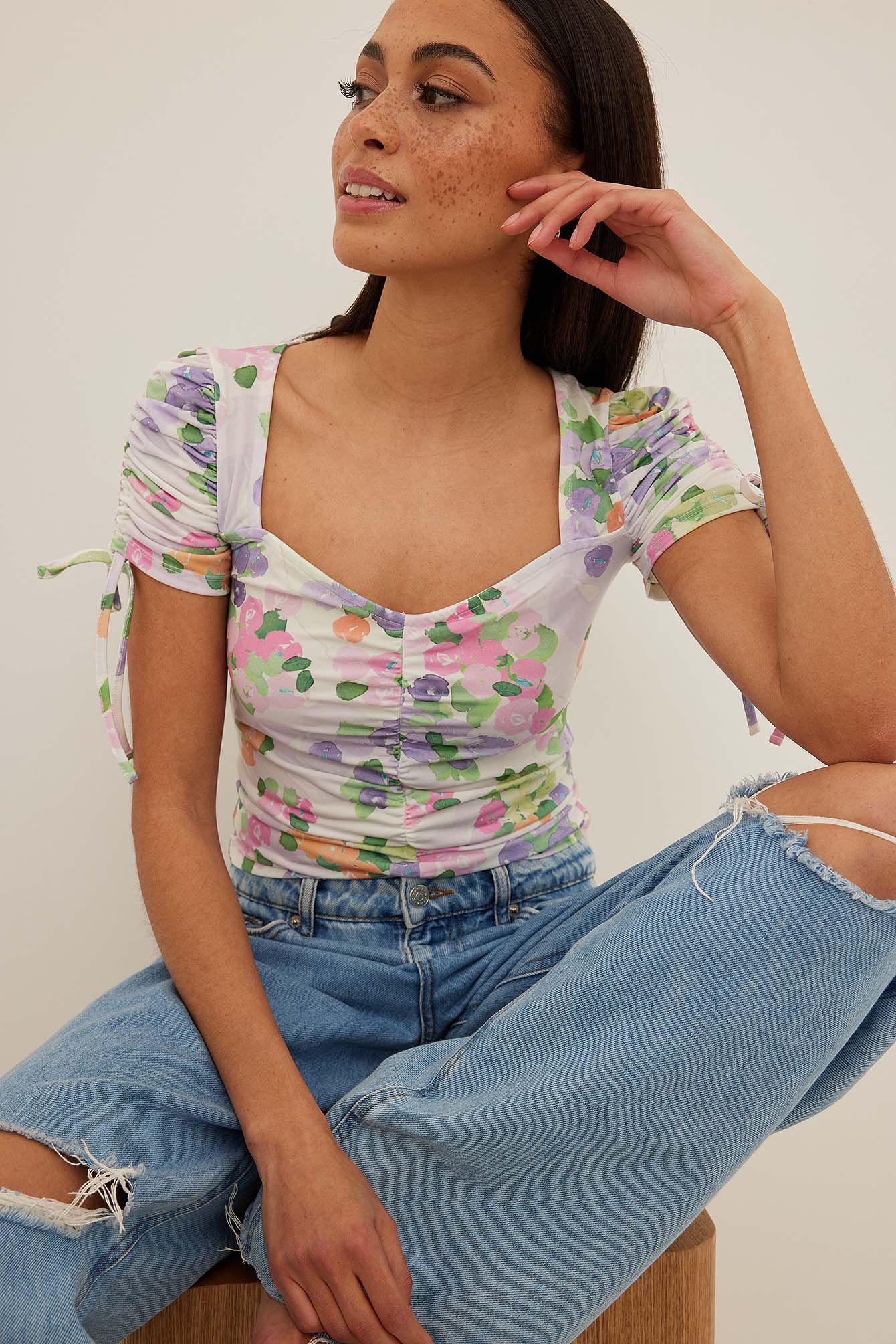 Drawstring Detail Short Sleeve Top Flower NAKD