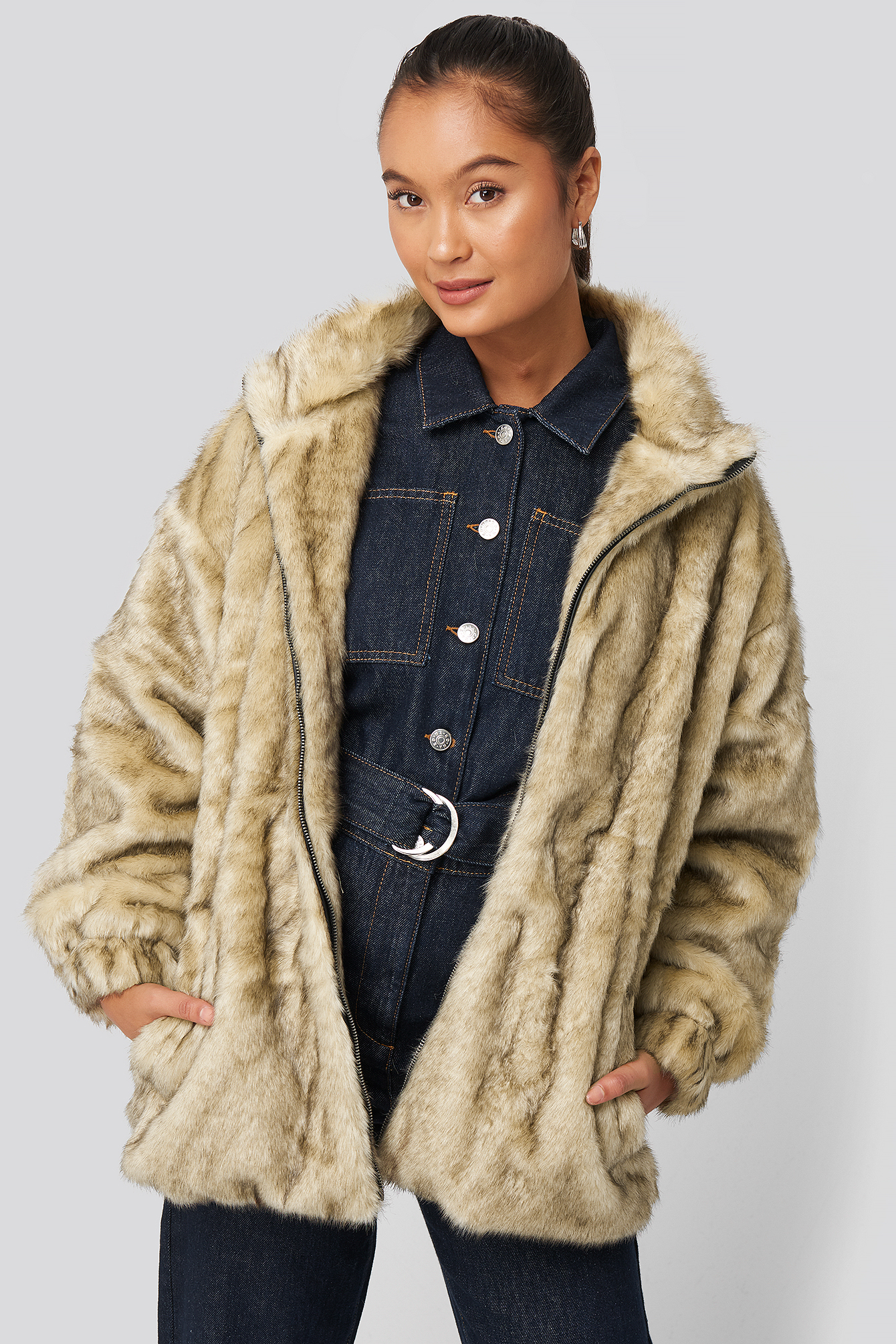 Drawstring Faux Fur Jacket Brown