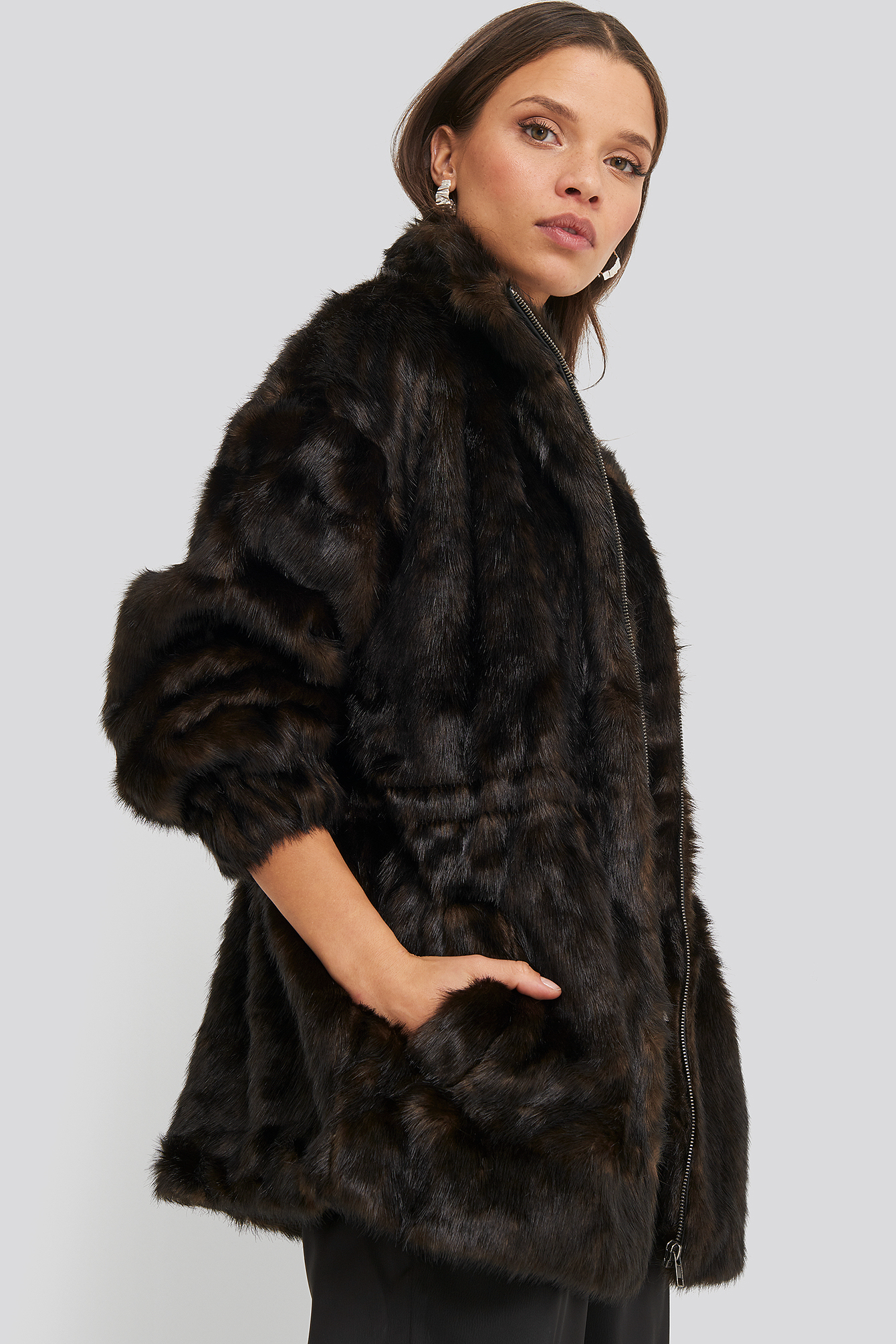 Drawstring Faux Fur Jacket Dark Brown
