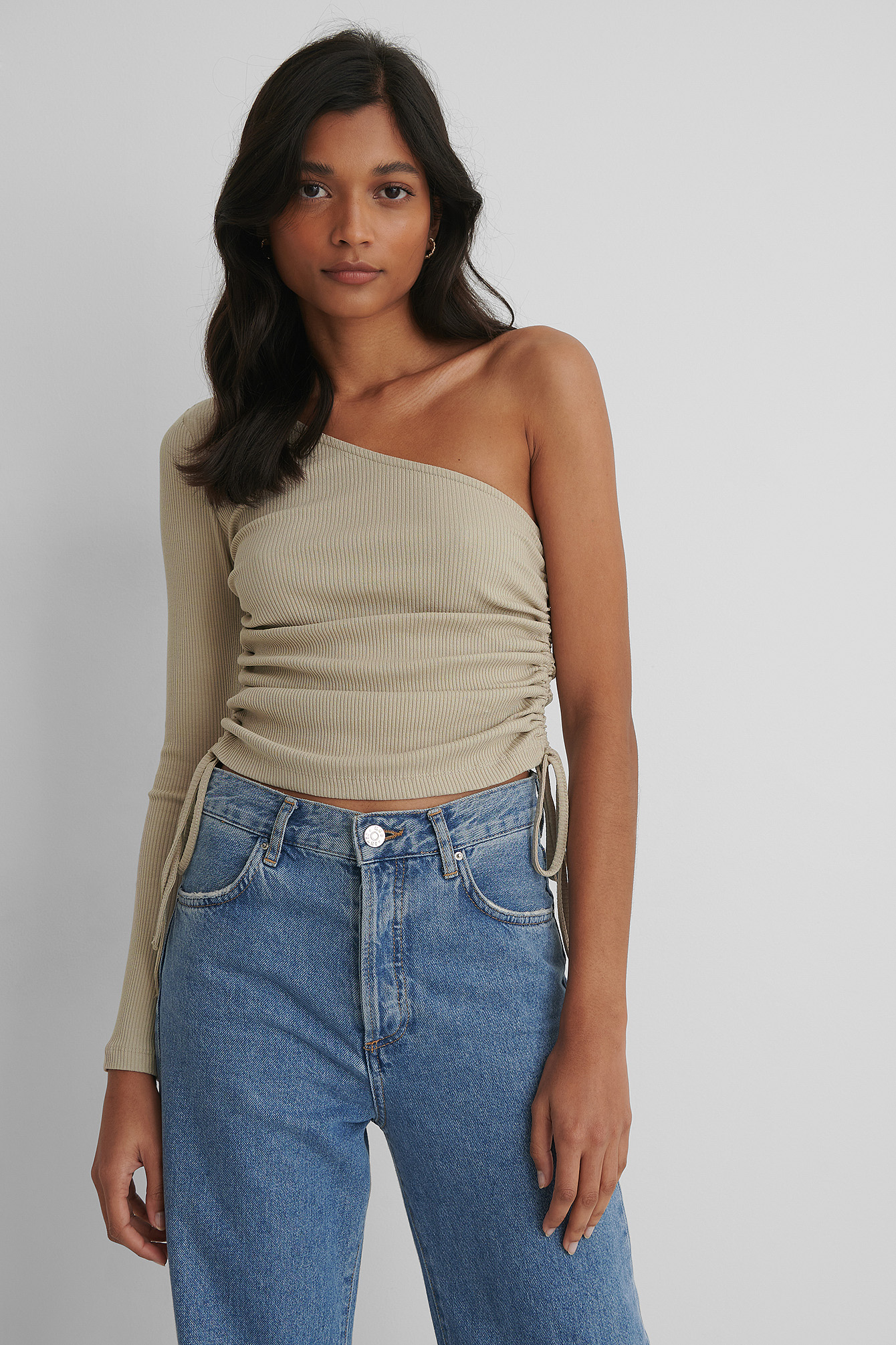 Drawstring One Shoulder Top Beige | NA-KD