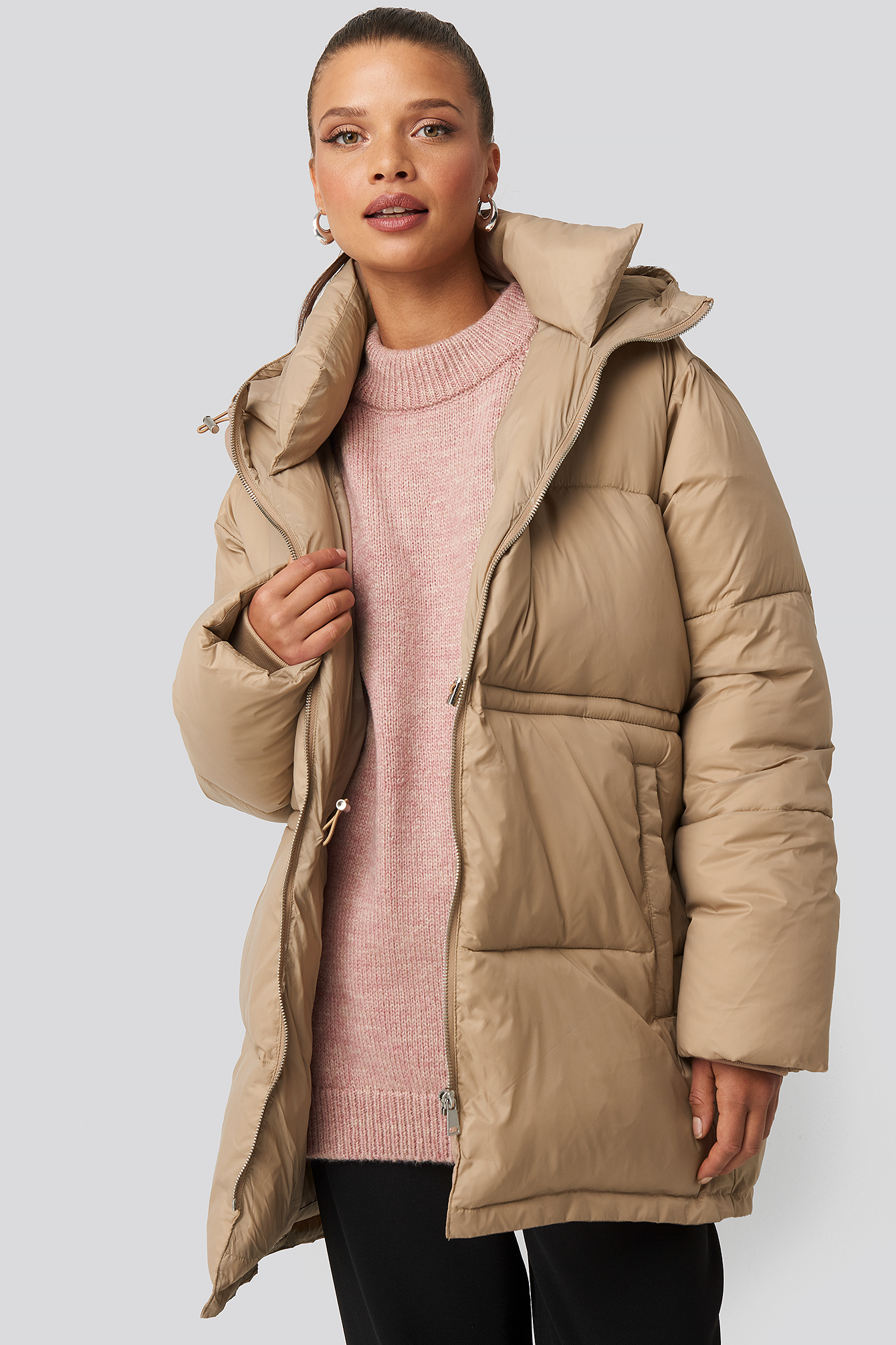 Drawstring Padded Jacket Brown