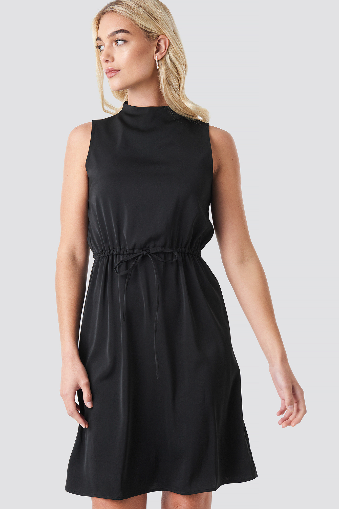 Drawstring Waist High Neck Dress Black