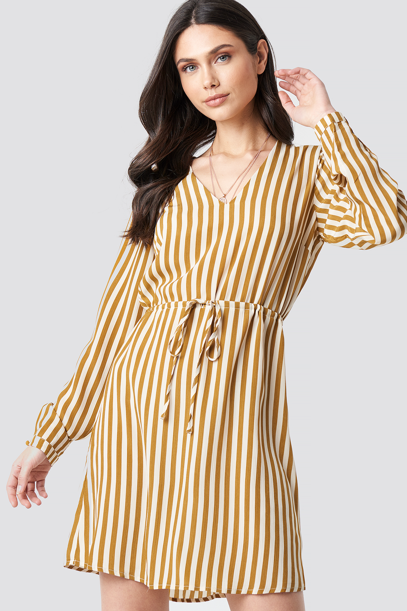 Drawstring Waist Striped Dress Mustard Yellow