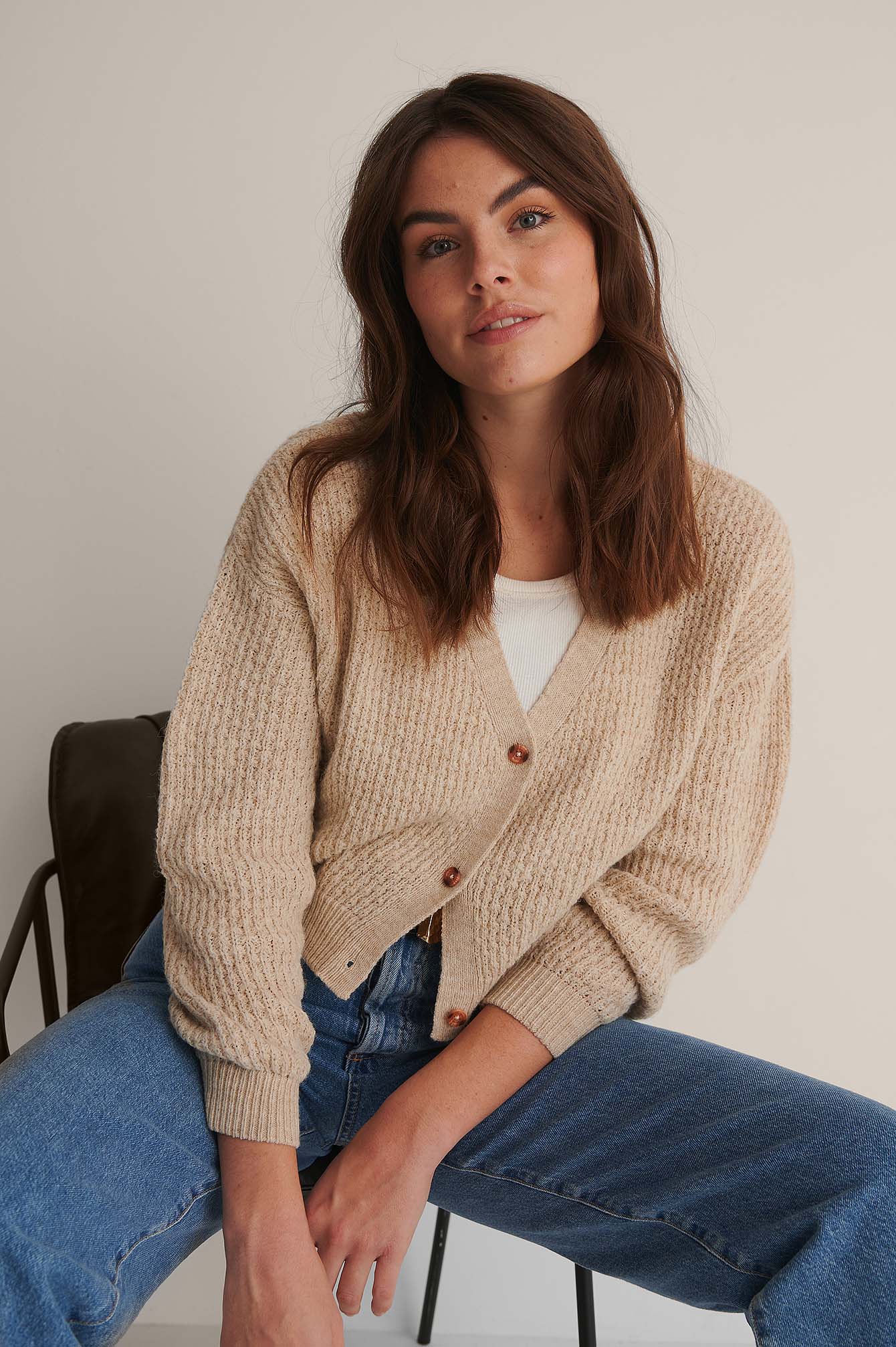 Beige Dropped Shoulder Knitted Buttoned Cardigan
