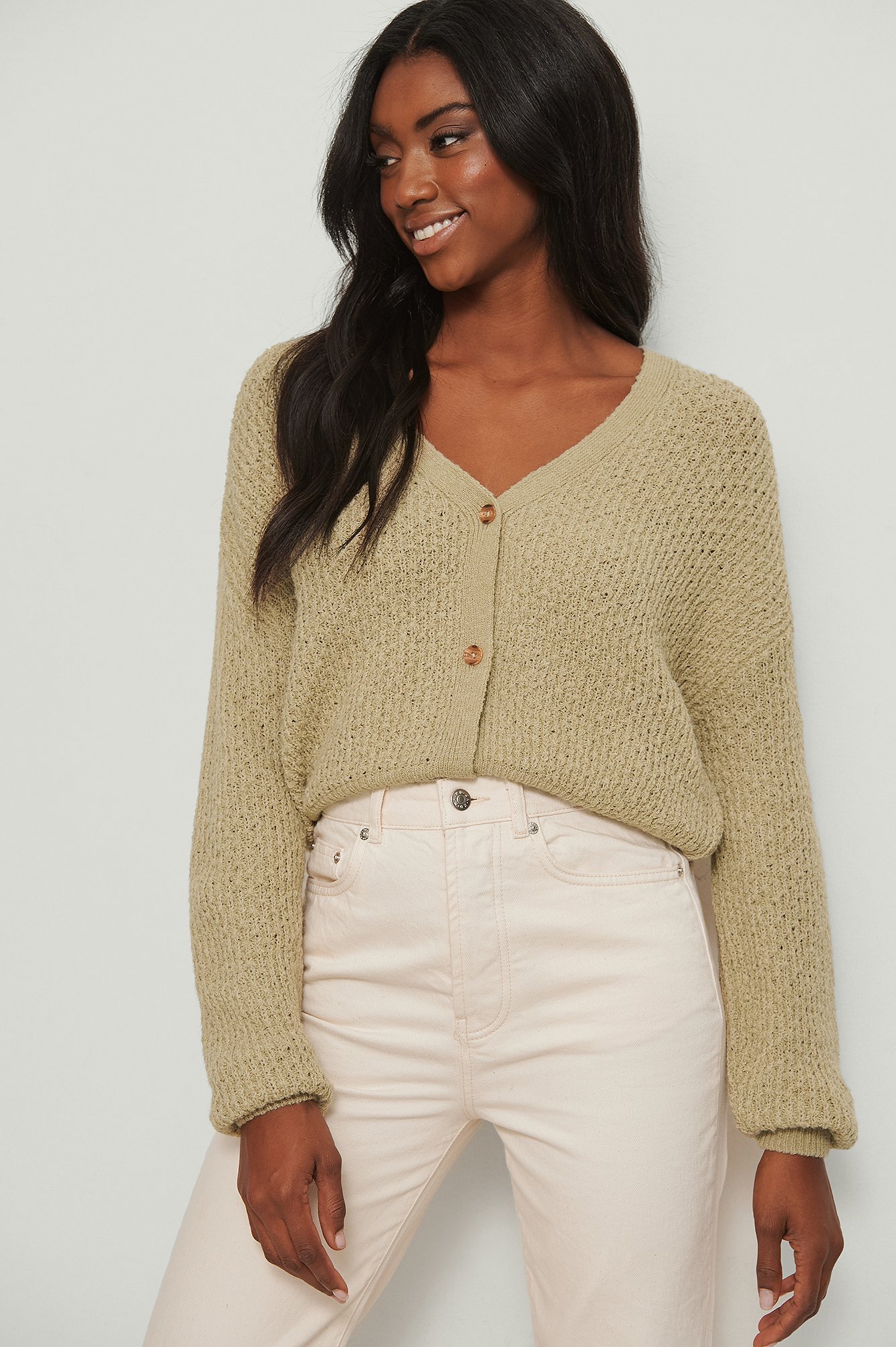 Khaki Dropped Shoulder Knitted Buttoned Cardigan
